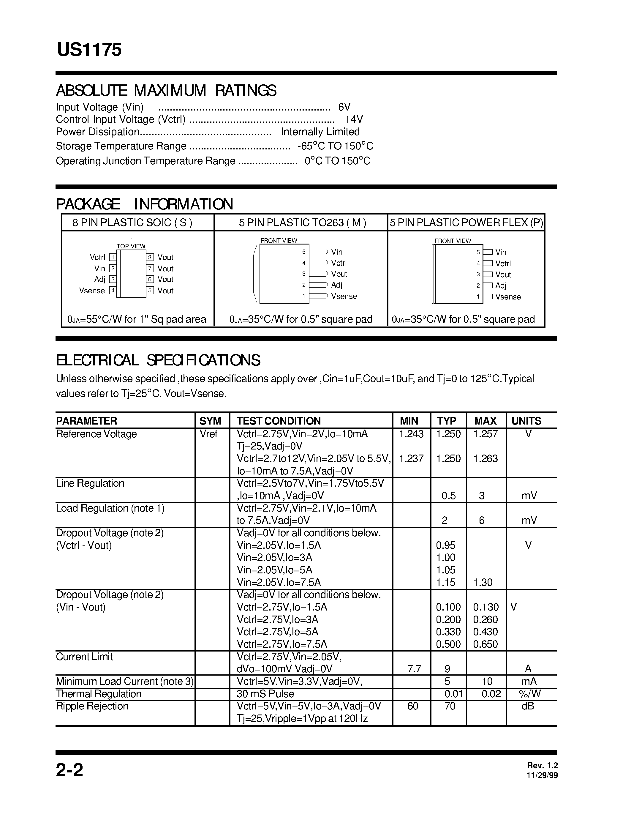 Даташит на микросхему US1175 страница 2 Даташит US1175 - 7.5A ULTRA LOW DROPOUT POSITIVE ADJUSTABLE REGULATOR страница 2
