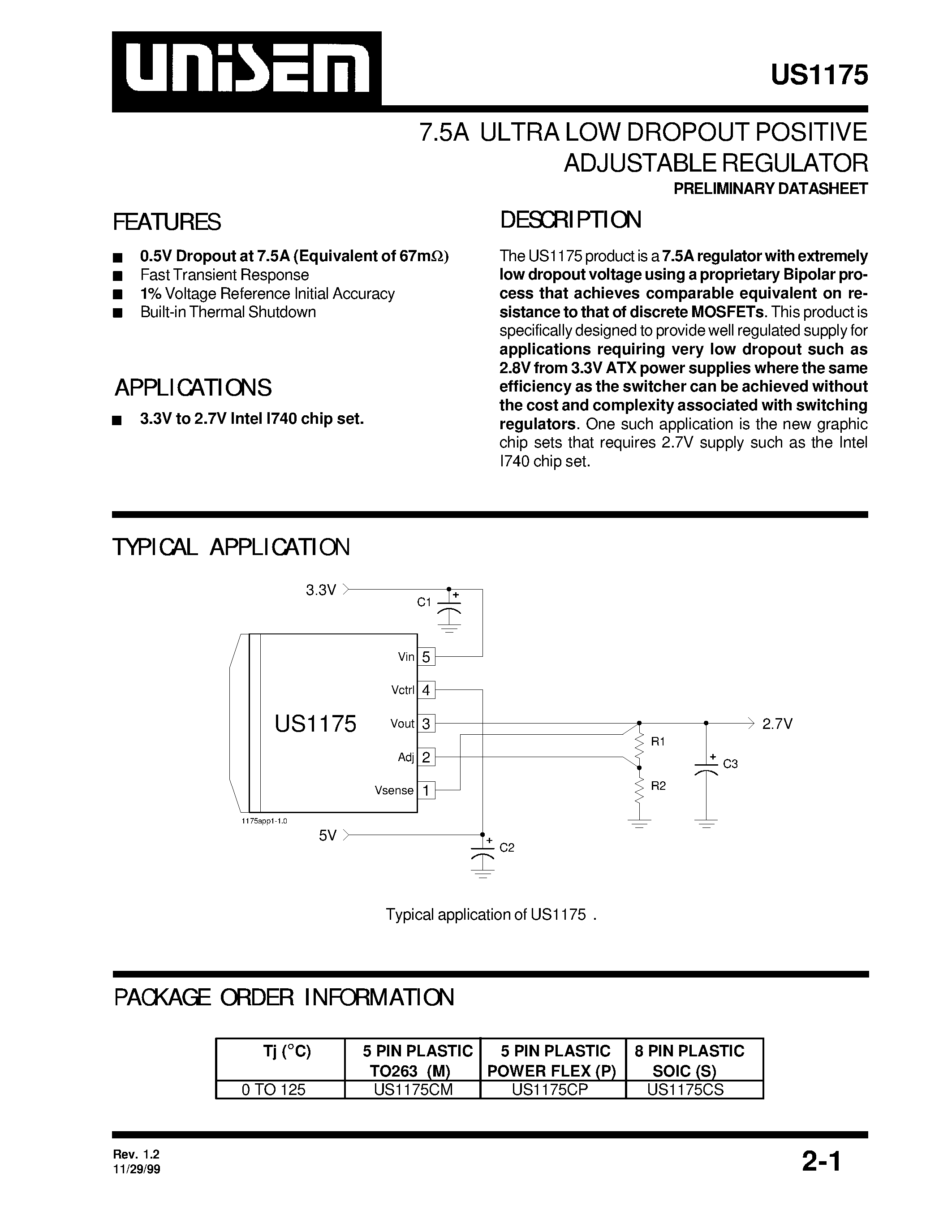 Даташит на микросхему US1175CS страница 1 Даташит US1175CS - 7.5A ULTRA LOW DROPOUT POSITIVE ADJUSTABLE REGULATOR страница 1