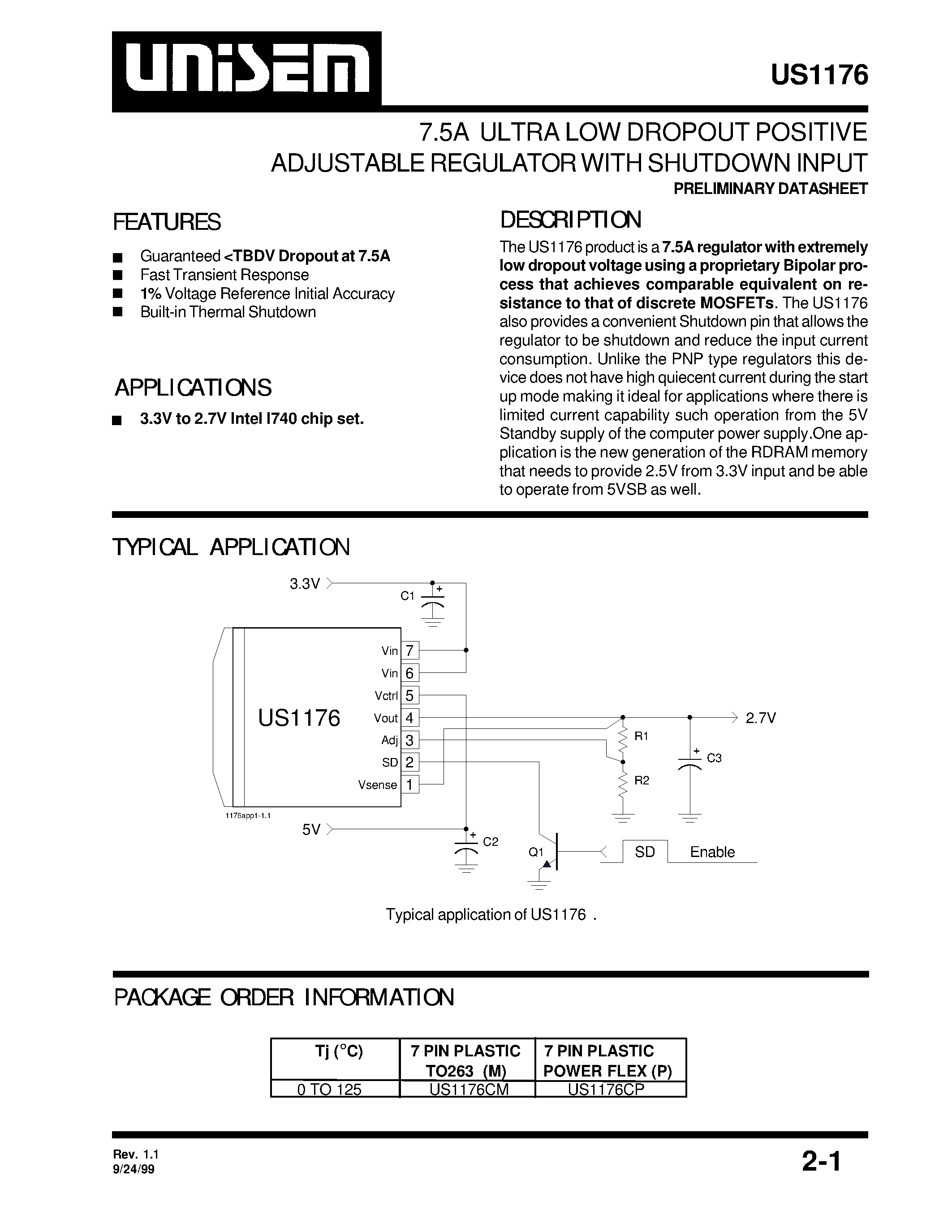 Datasheet US1176 - 7.5A ULTRA LOW DROPOUT POSITIVE ADJUSTABLE REGULATOR WITH SHUTDOWN INPUT page 1