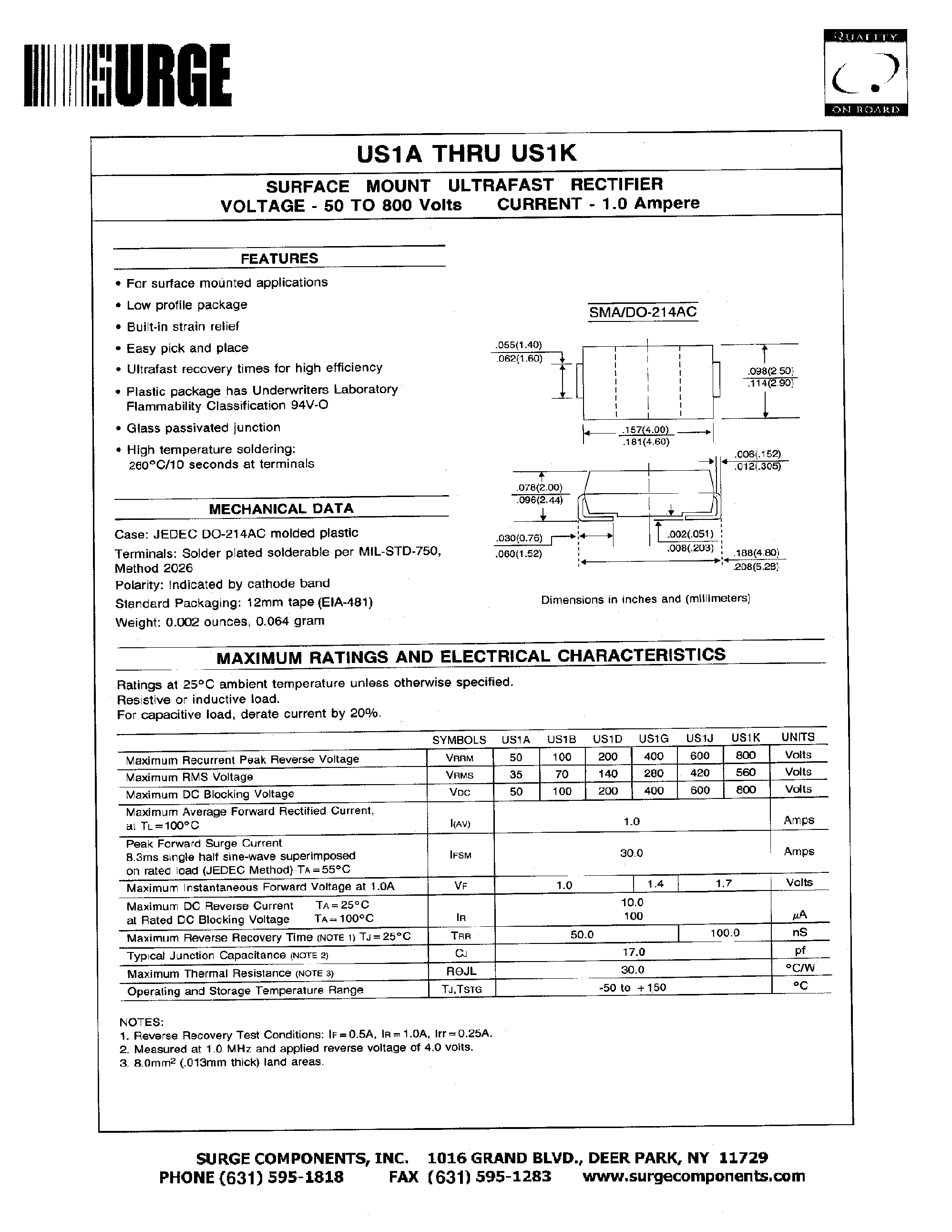 Datasheet US1A page 1 Datasheet US1A - SURFACE MOUNT ULTRAFAST RECTIFIER VOLTAGE - 50 TO 800 Volts CURRENT - 1.0 Ampere page 1