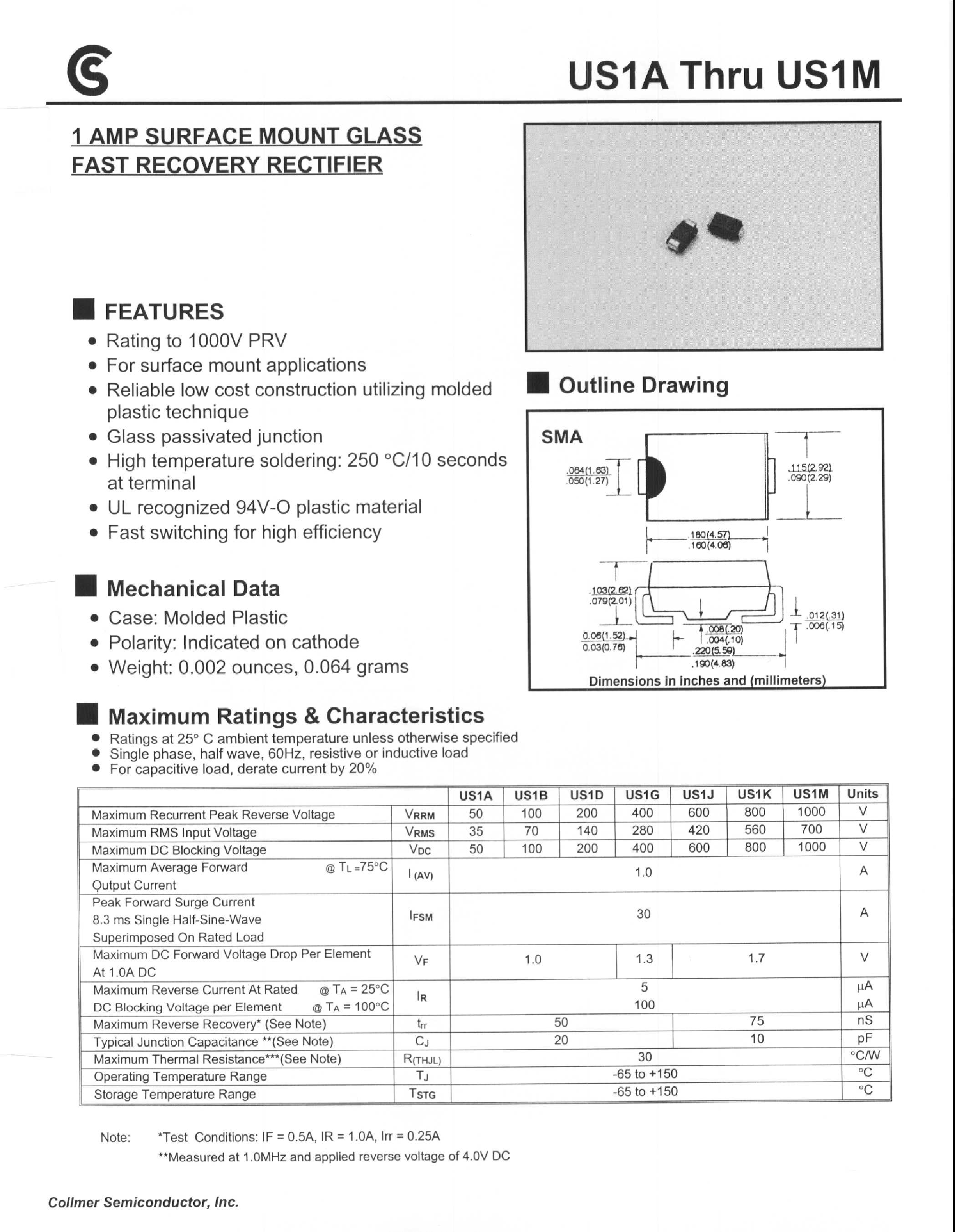 Даташит на микросхему US1D страница 1 Даташит US1D - 1 AMP SURFACE MOUNT GLASS FAST RECOVERY RECTIFIER страница 1
