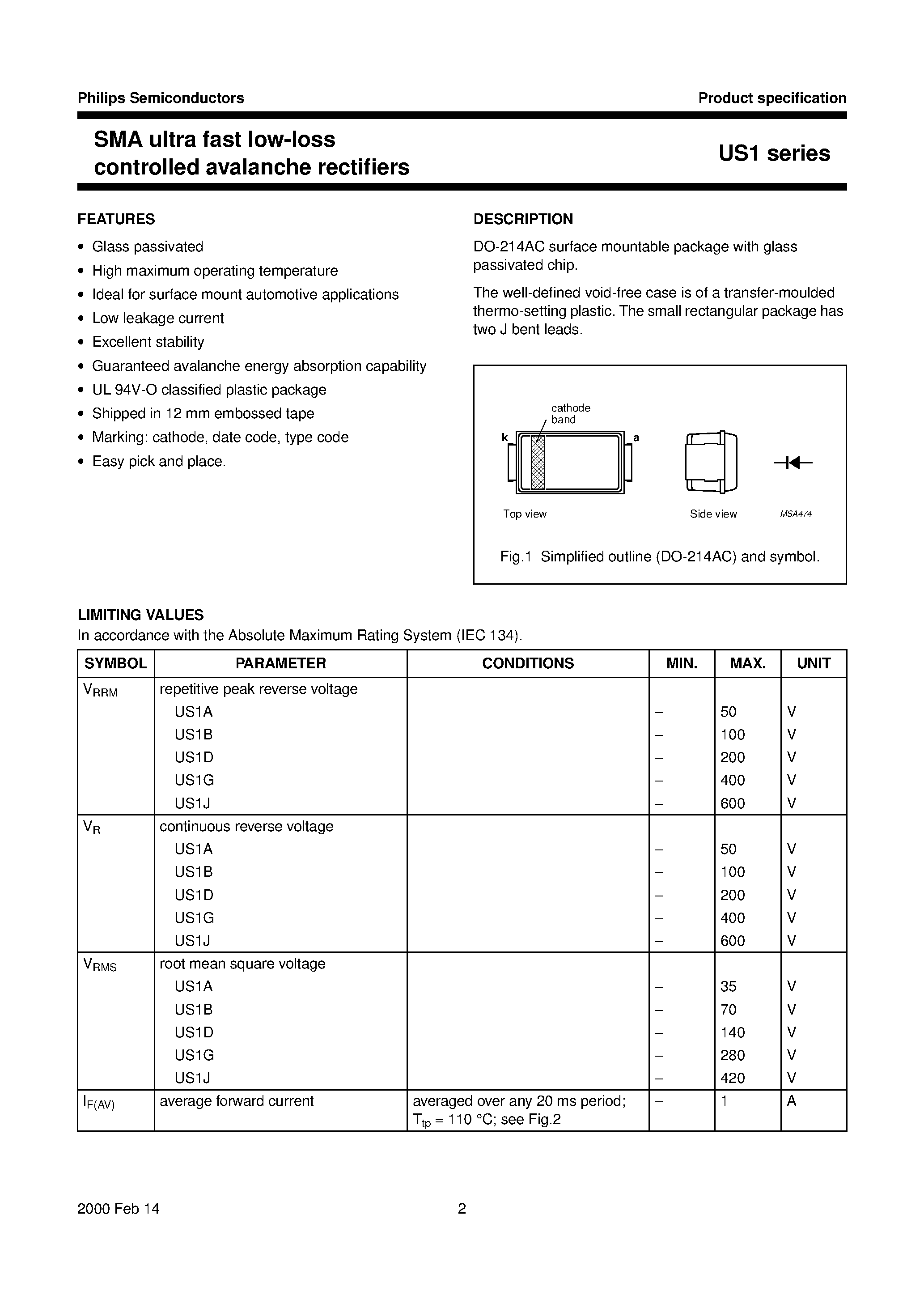 Datasheet US1G - SMA ultra fast low-loss controlled avalanche rectifiers page 2