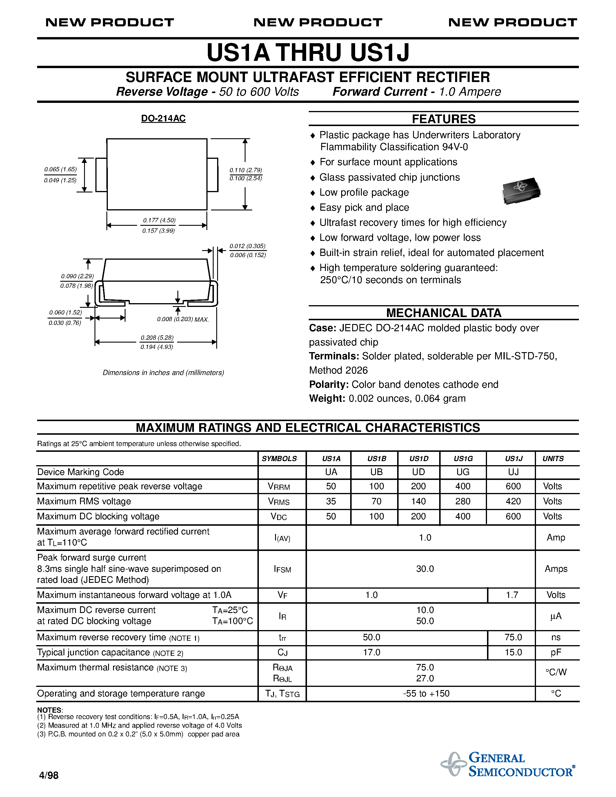 Datasheet US1J page 1 Datasheet US1J - SURFACE MOUNT ULTRAFAST EFFICIENT RECTIFIER page 1