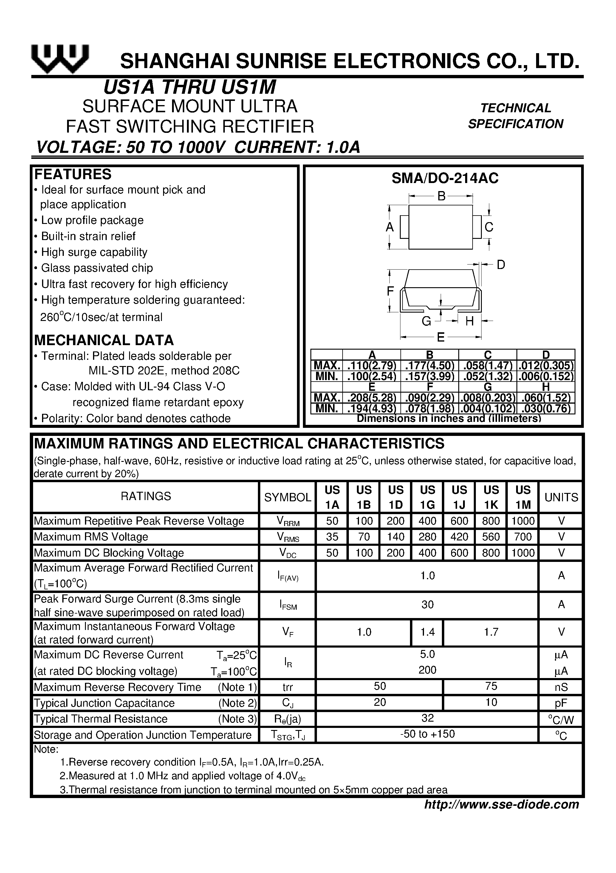 Datasheet US1J - SURFACE MOUNT ULTRA FAST SWITCHING RECTIFIER page 1