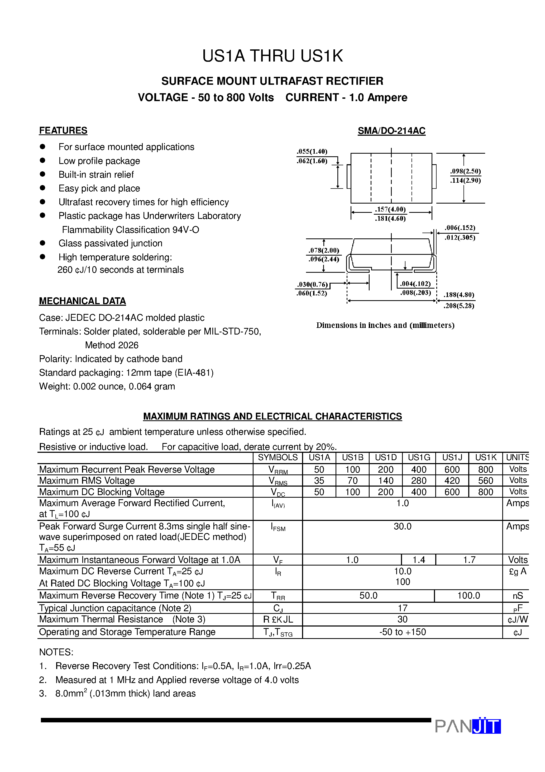 Datasheet US1K page 1 Datasheet US1K - SURFACE MOUNT ULTRAFAST RECTIFIER(VOLTAGE - 50 to 800 Volts CURRENT - 1.0 Ampere) page 1