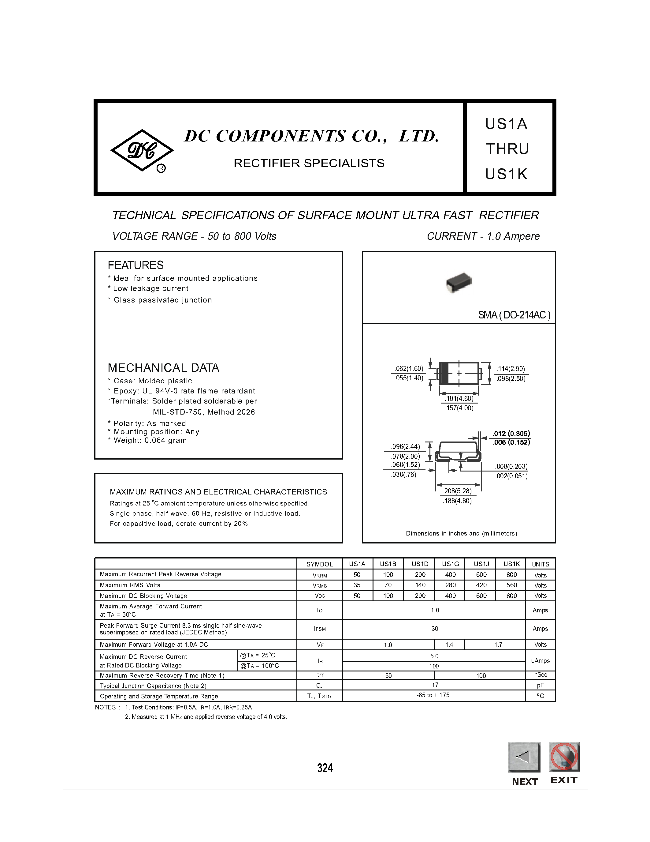Datasheet US1K - TECHNICAL SPECIFICATIONS OF SURFACE MOUNT ULTRA FAST RECTIFIER page 1