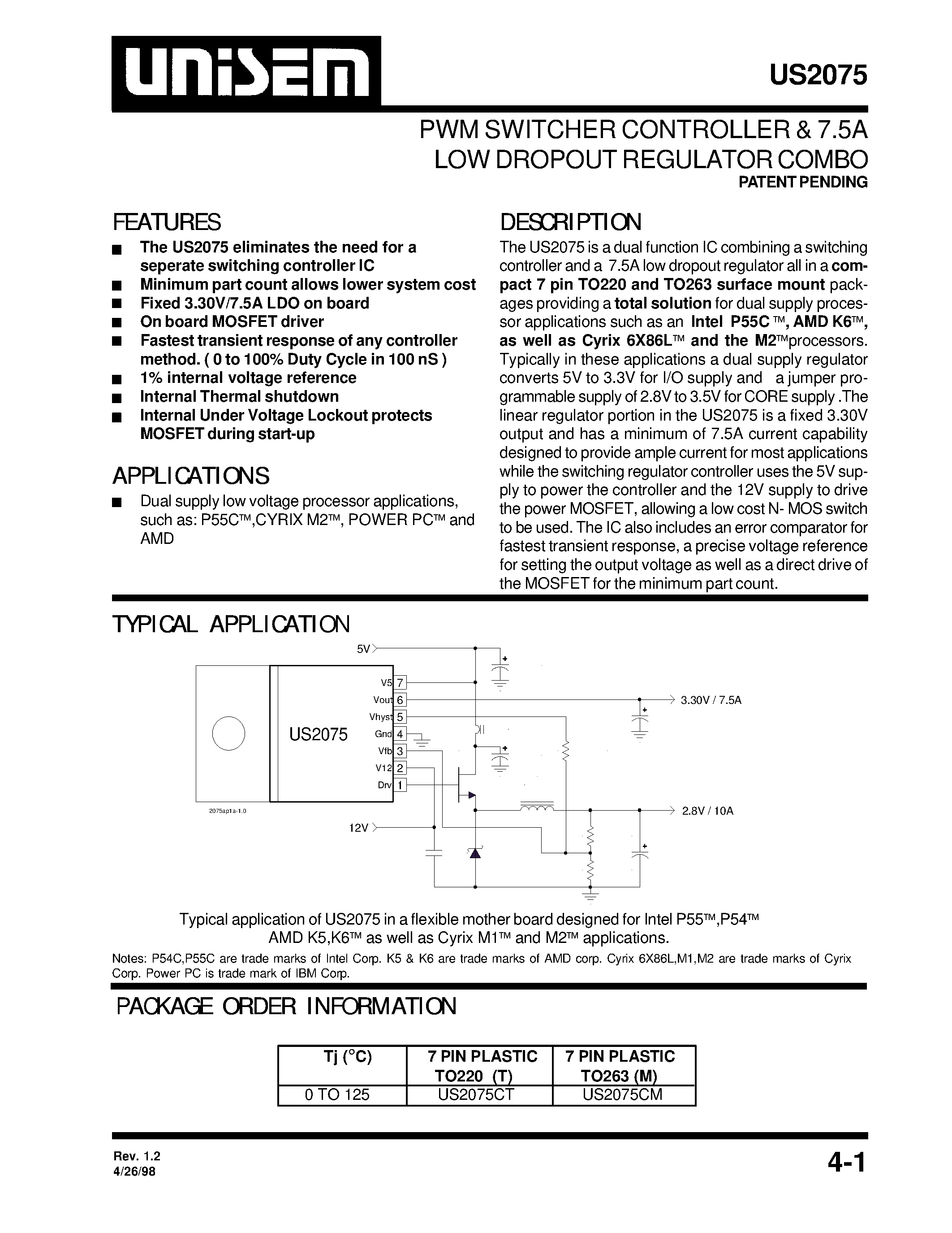 Даташит US2075 - PWM SWITCHER CONTROLLER & 7.5A LOW DROPOUT REGULATOR COMBO страница 1