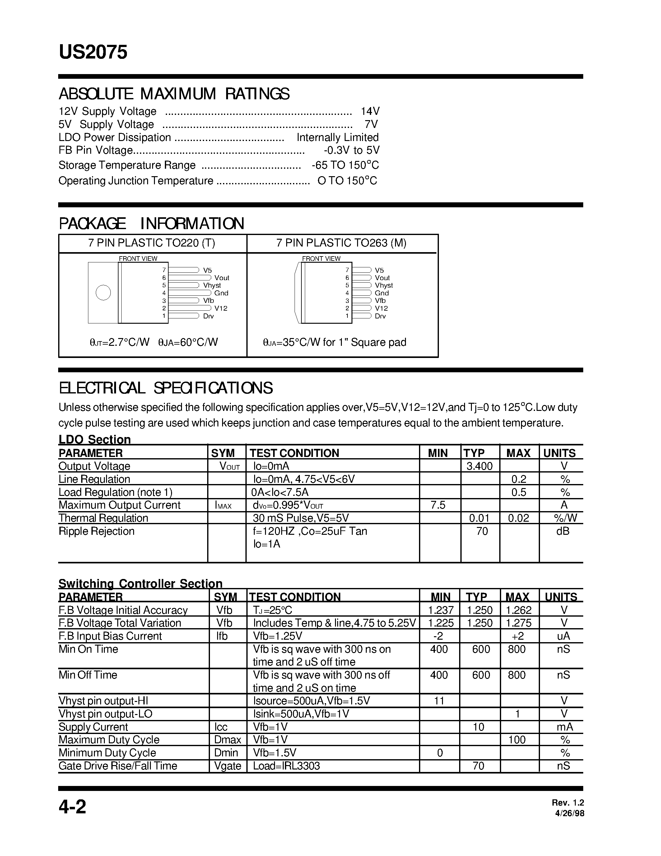 Даташит US2075CM - PWM SWITCHER CONTROLLER & 7.5A LOW DROPOUT REGULATOR COMBO страница 2