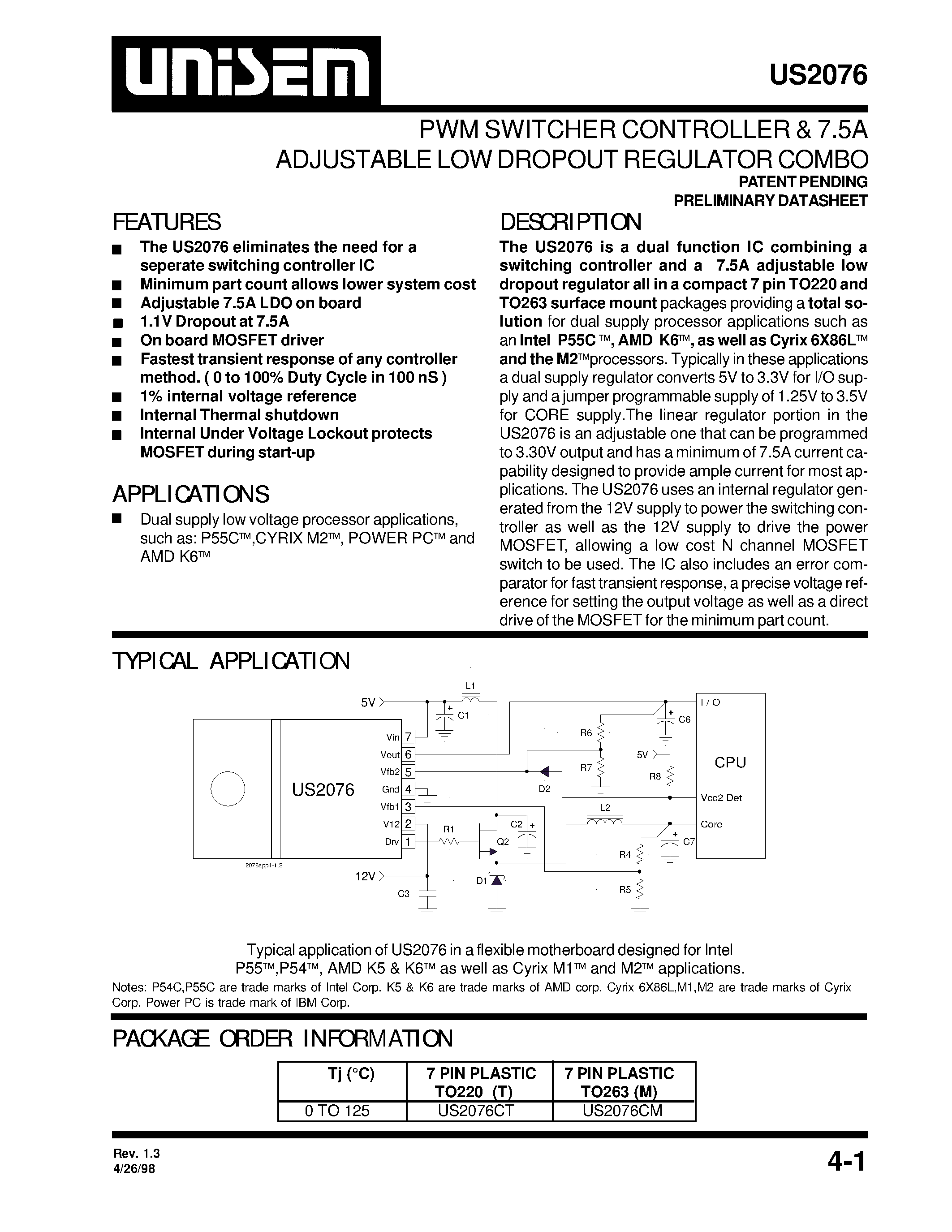 Даташит на микросхему US2076 страница 1 Даташит US2076 - PWM SWITCHER CONTROLLER & 7.5A ADJUSTABLE LOW DROPOUT REGULATOR COMBO страница 1