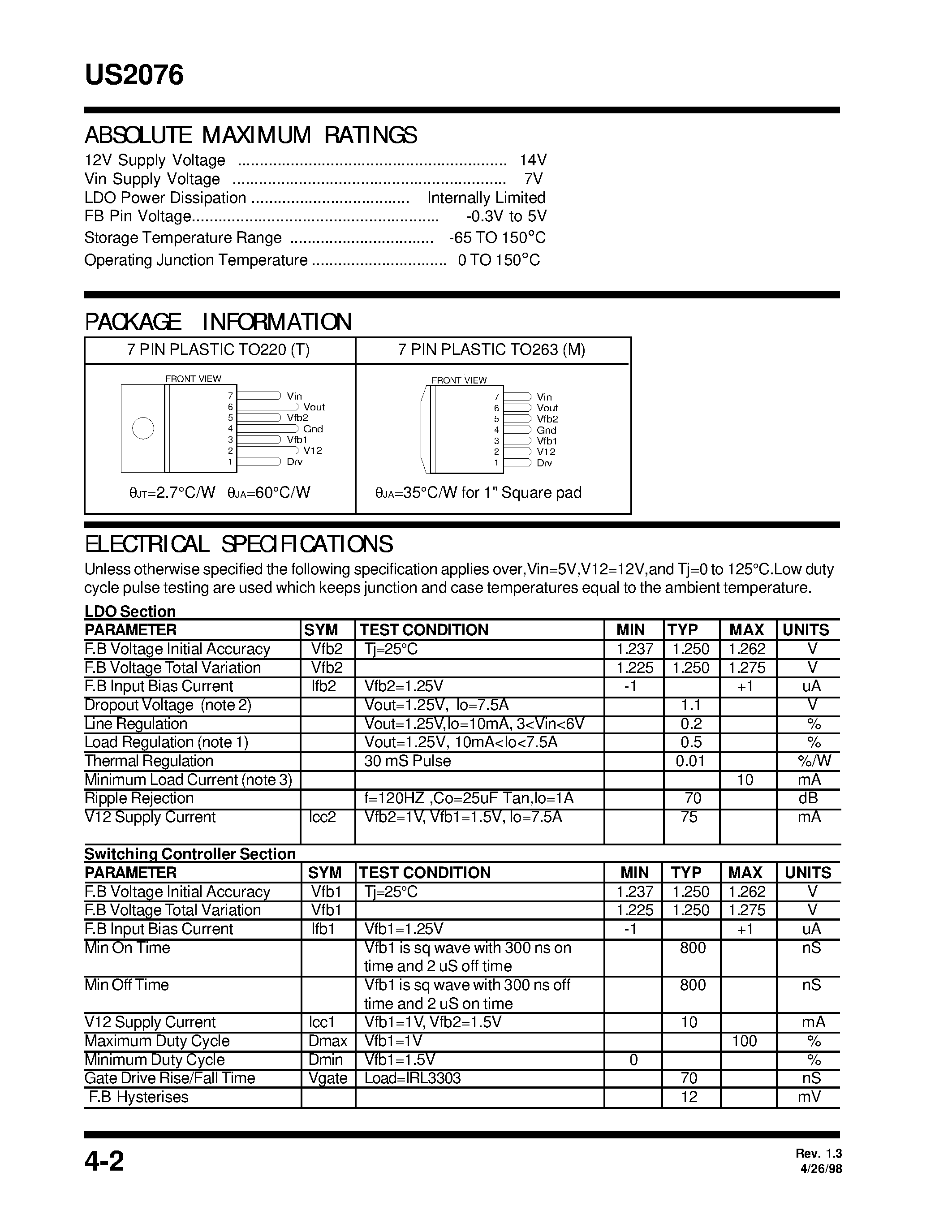 Даташит US2076CM - PWM SWITCHER CONTROLLER & 7.5A ADJUSTABLE LOW DROPOUT REGULATOR COMBO страница 2