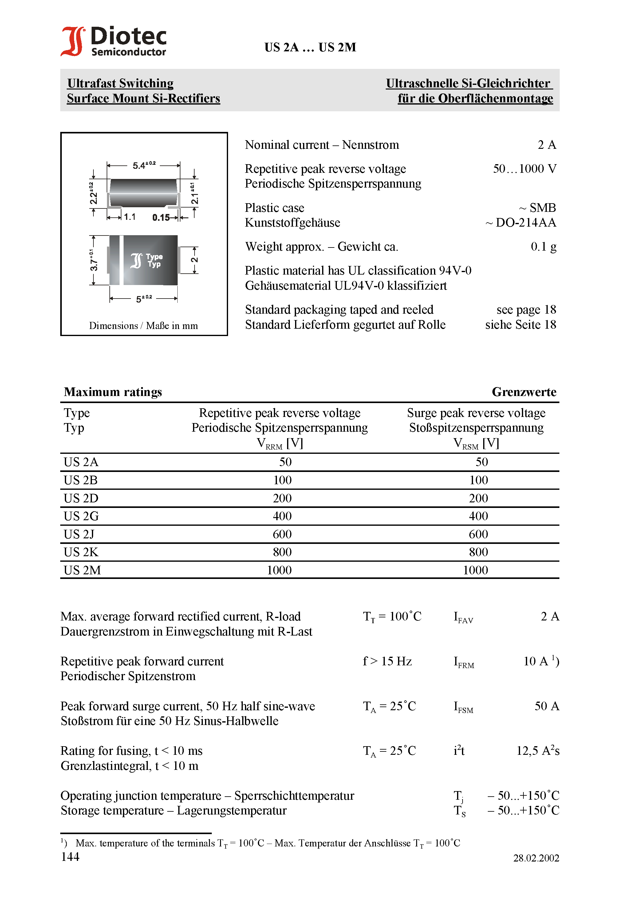 Datasheet US2G page 1 Datasheet US2G - Ultrafast Switching Surface Mount Si-Rectifiers page 1