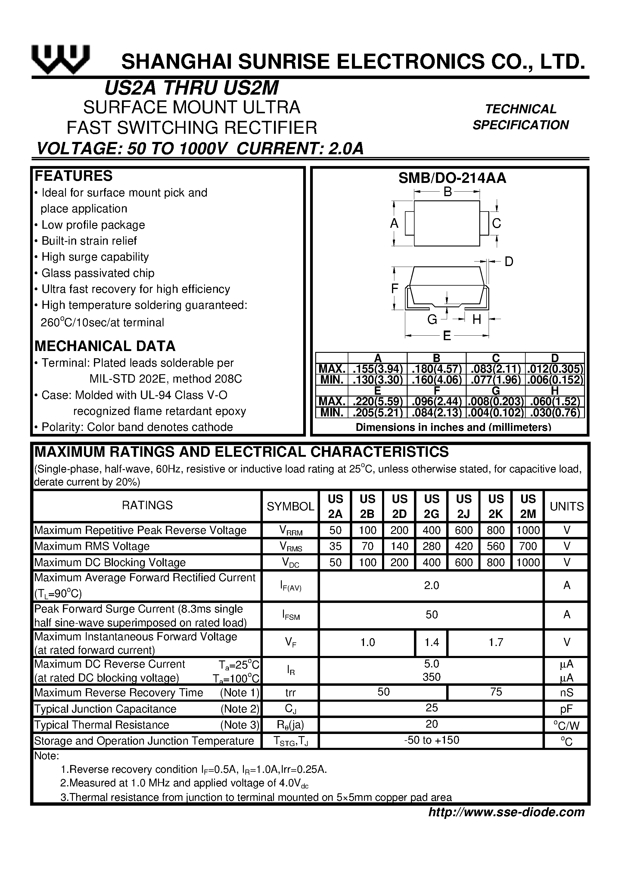 Datasheet US2G page 1 Datasheet US2G - SURFACE MOUNT ULTRA FAST SWITCHING RECTIFIER page 1