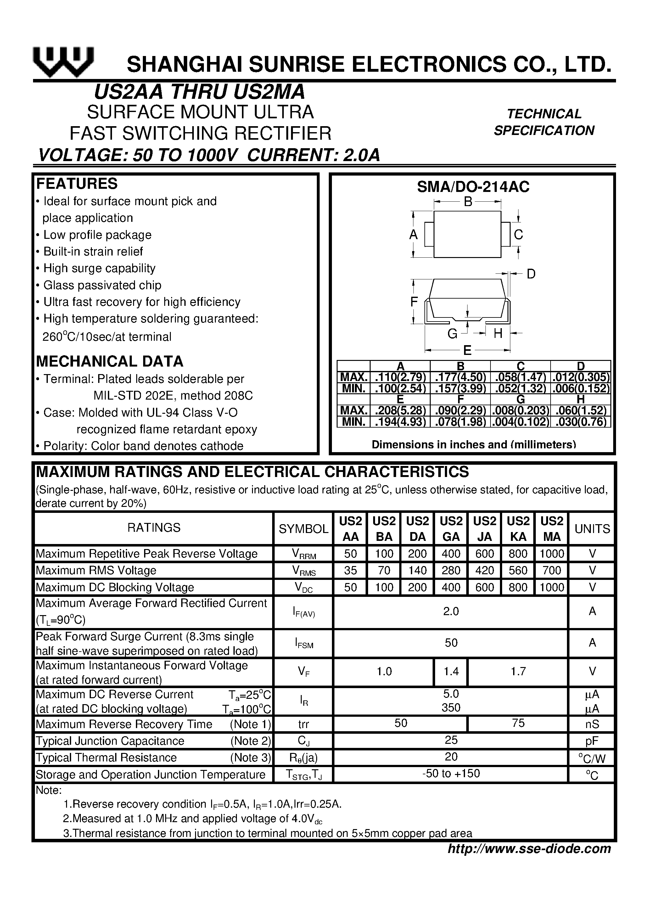Datasheet US2KA - SURFACE MOUNT ULTRA FAST SWITCHING RECTIFIER page 1