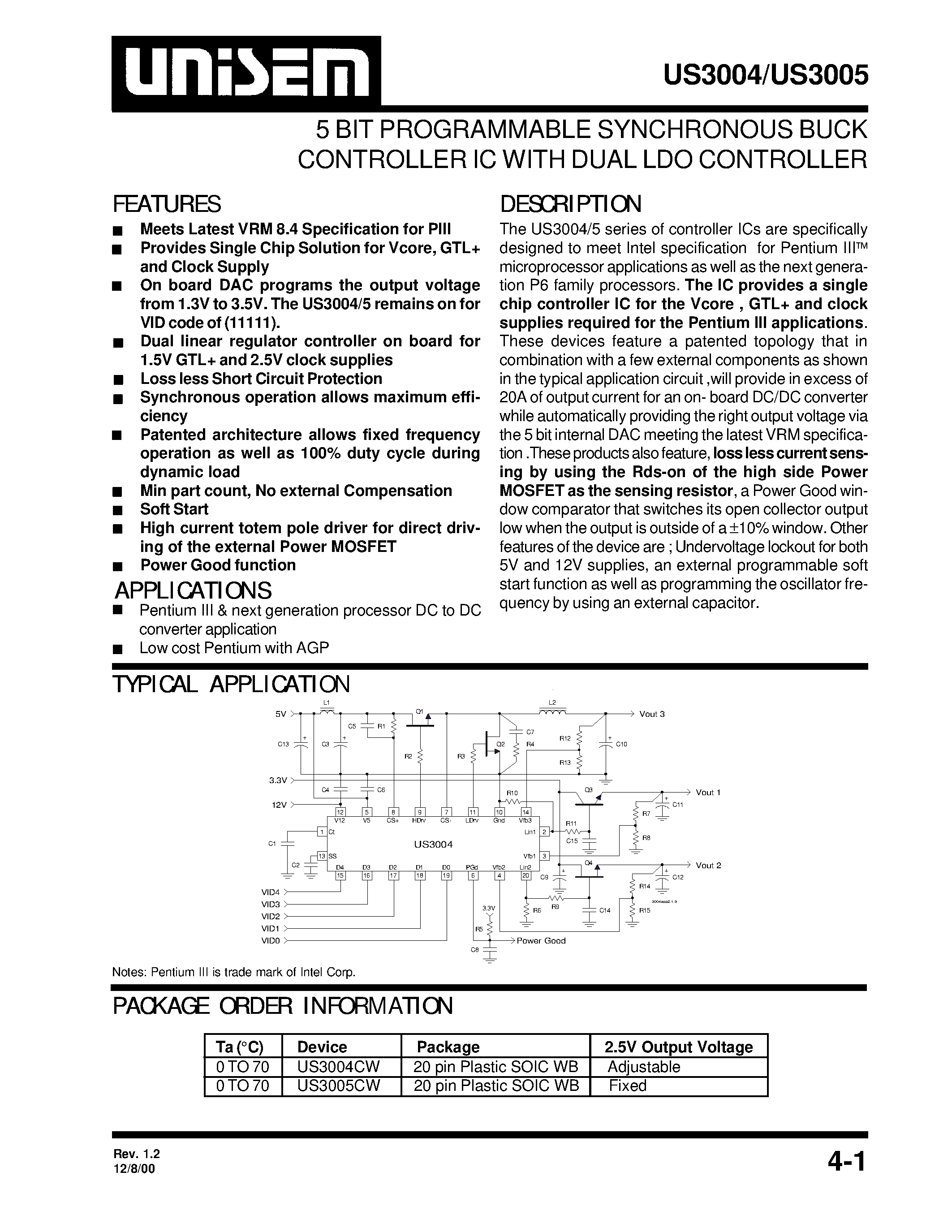 Datasheet US3004 - 5 BIT PROGRAMMABLE SYNCHRONOUS BUCK CONTROLLER IC WITH DUAL LDO CONTROLLER page 1