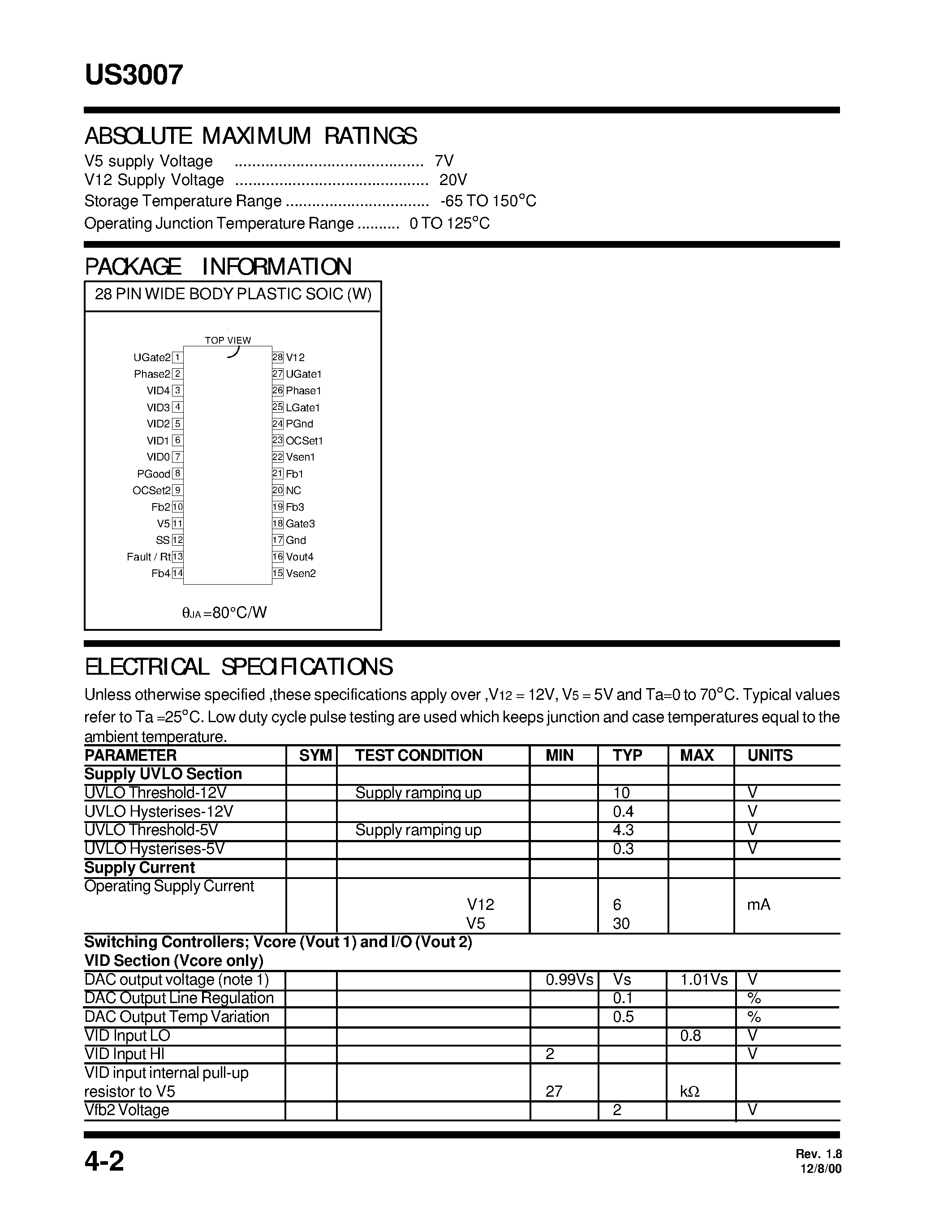 Datasheet US3007 - 5 BIT PROGRAMMABLE SYNCHRONOUS BUCK PLUS NON SYNCHRONOUS / LDO CONTROLLER AND 200MmA LDO ON BOARD page 2