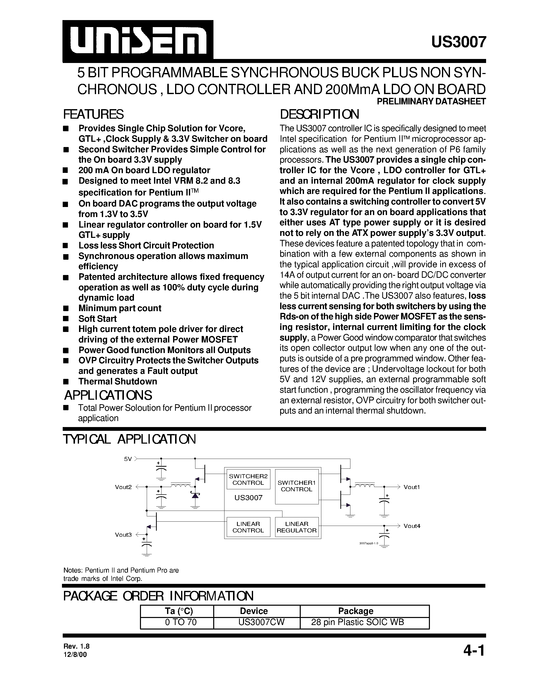 Datasheet US3007CW - 5 BIT PROGRAMMABLE SYNCHRONOUS BUCK PLUS NON SYNCHRONOUS / LDO CONTROLLER AND 200MmA LDO ON BOARD page 1