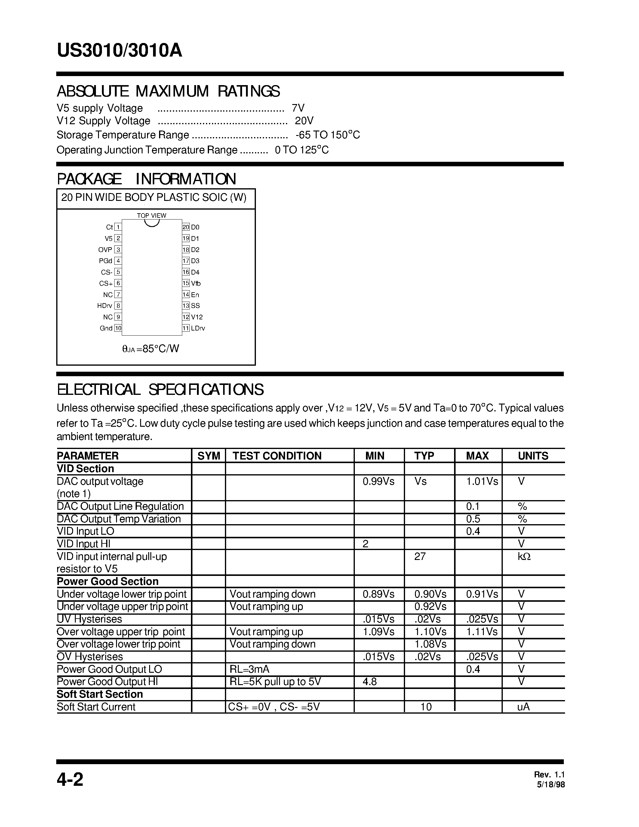 Datasheet US3010 - 5 BIT PROGRAMMABLE SYNCHRONOUS BUCK CONTROLLER IC page 2
