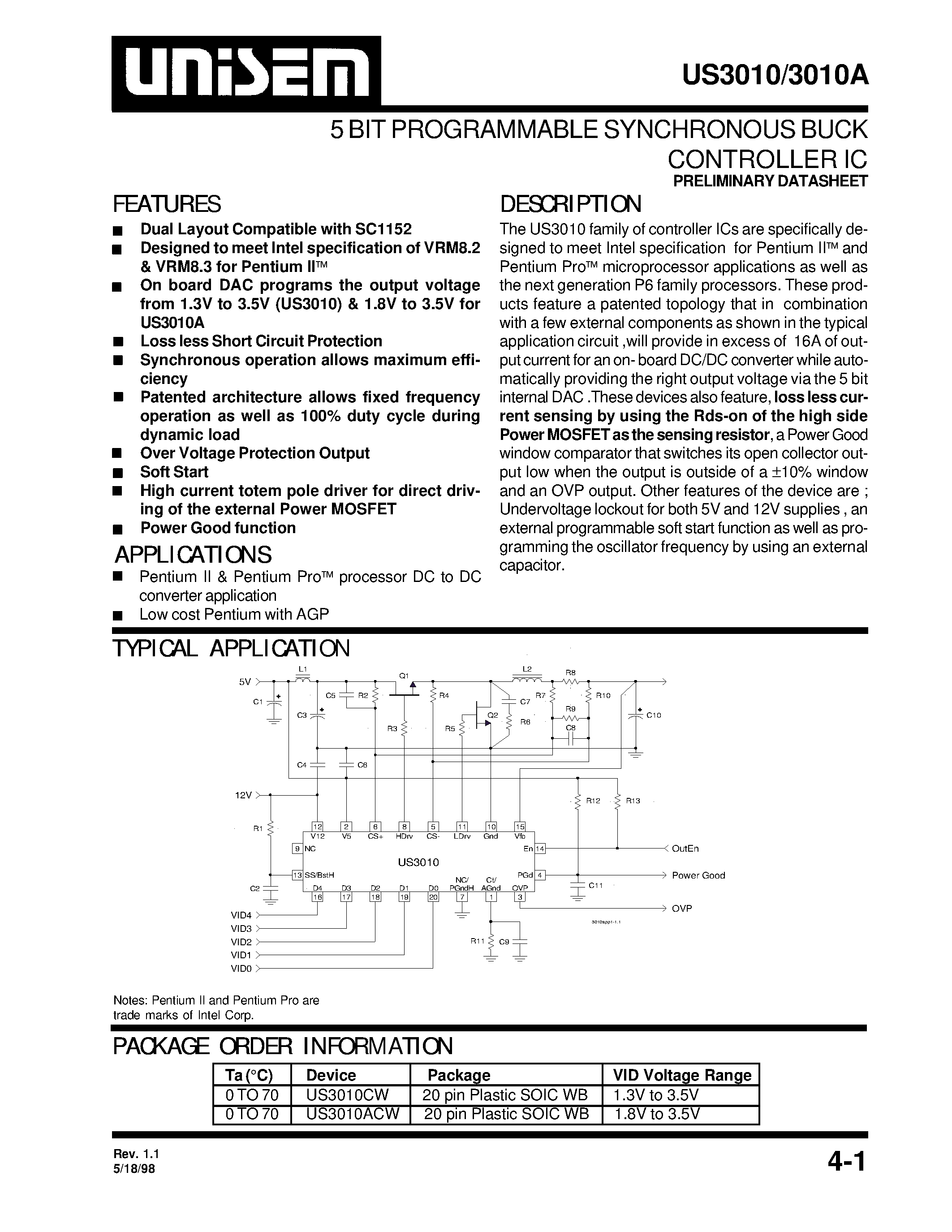 Datasheet US3010CW - 5 BIT PROGRAMMABLE SYNCHRONOUS BUCK CONTROLLER IC page 1