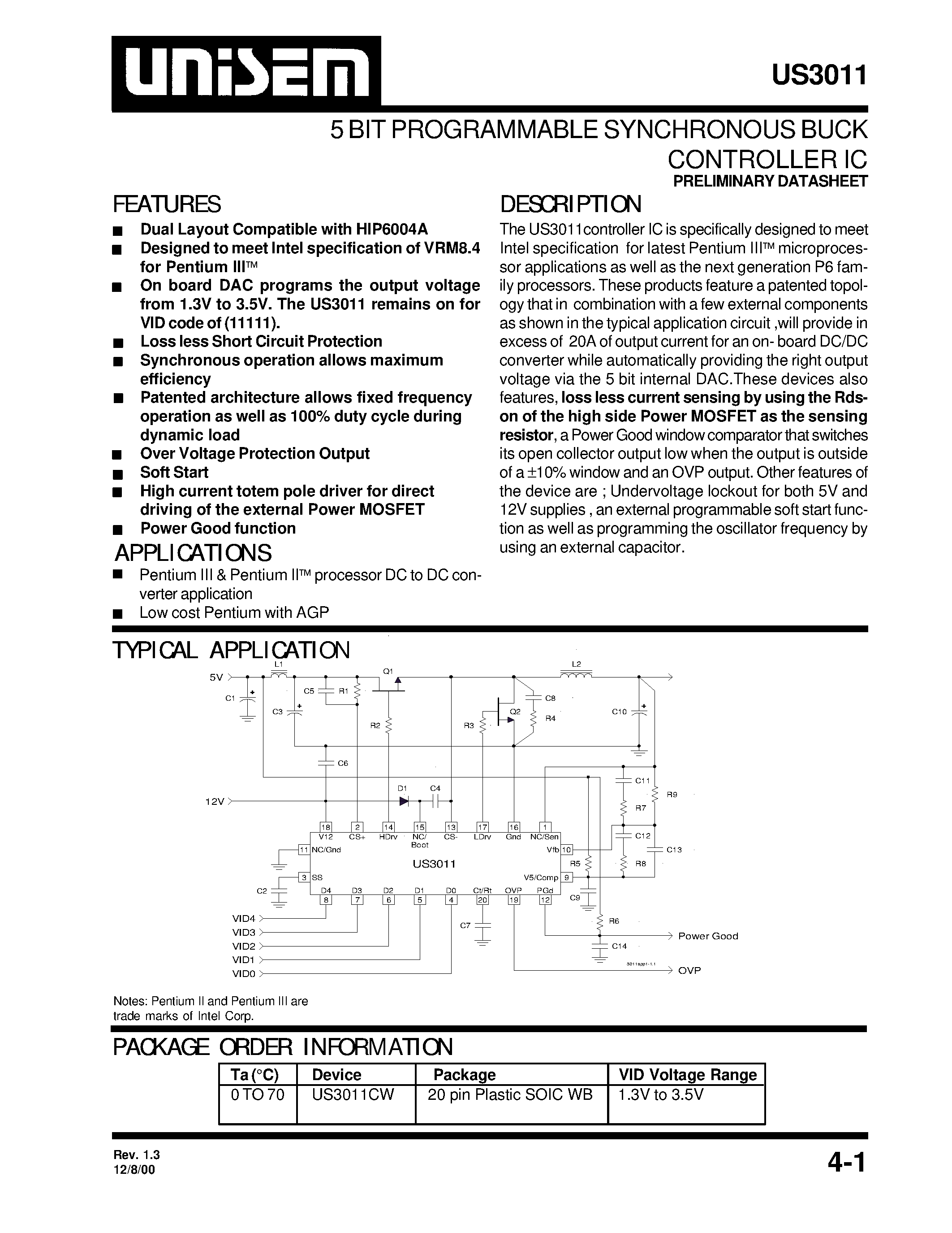 Datasheet US3011 - 5 BIT PROGRAMMABLE SYNCHRONOUS BUCK CONTROLLER IC page 1