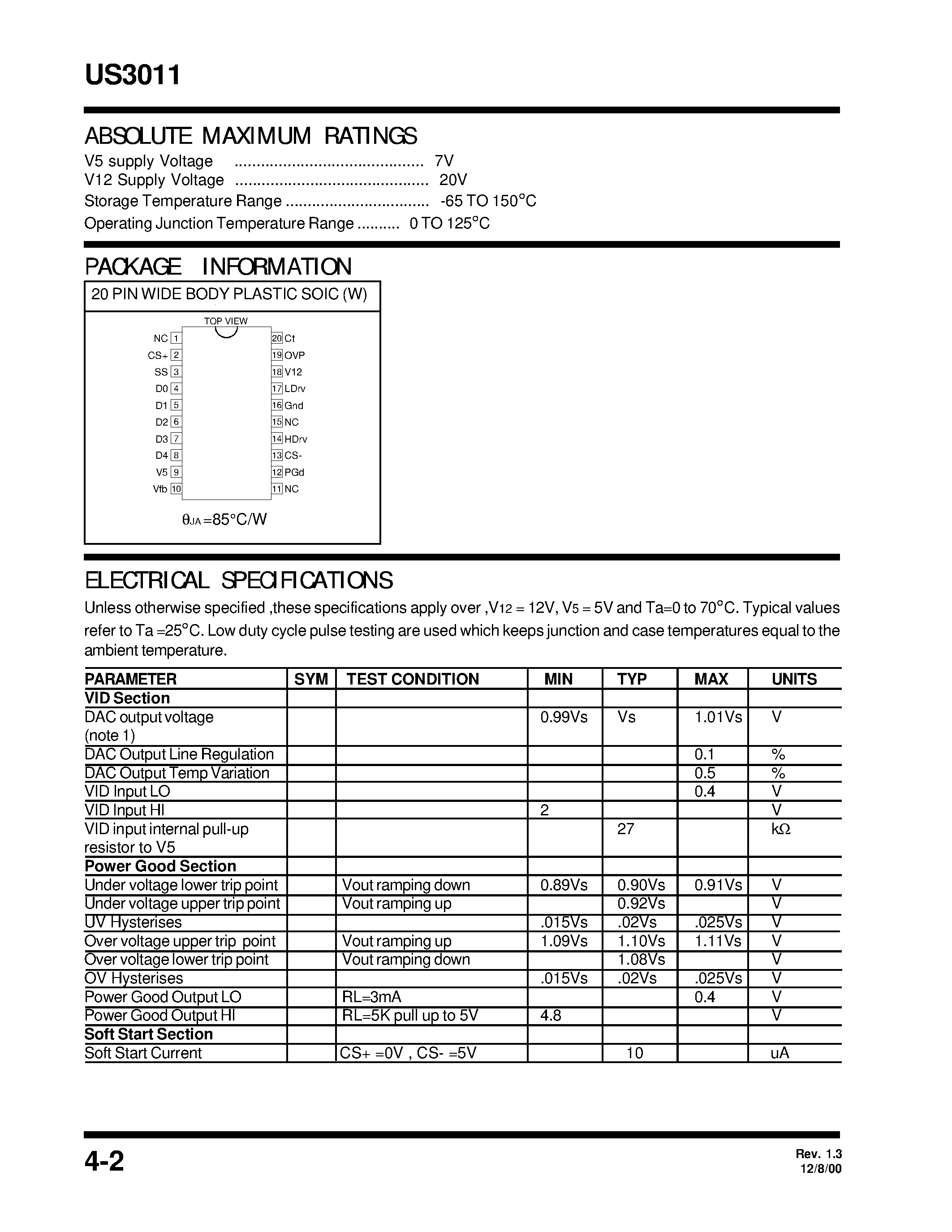Datasheet US3011 - 5 BIT PROGRAMMABLE SYNCHRONOUS BUCK CONTROLLER IC page 2
