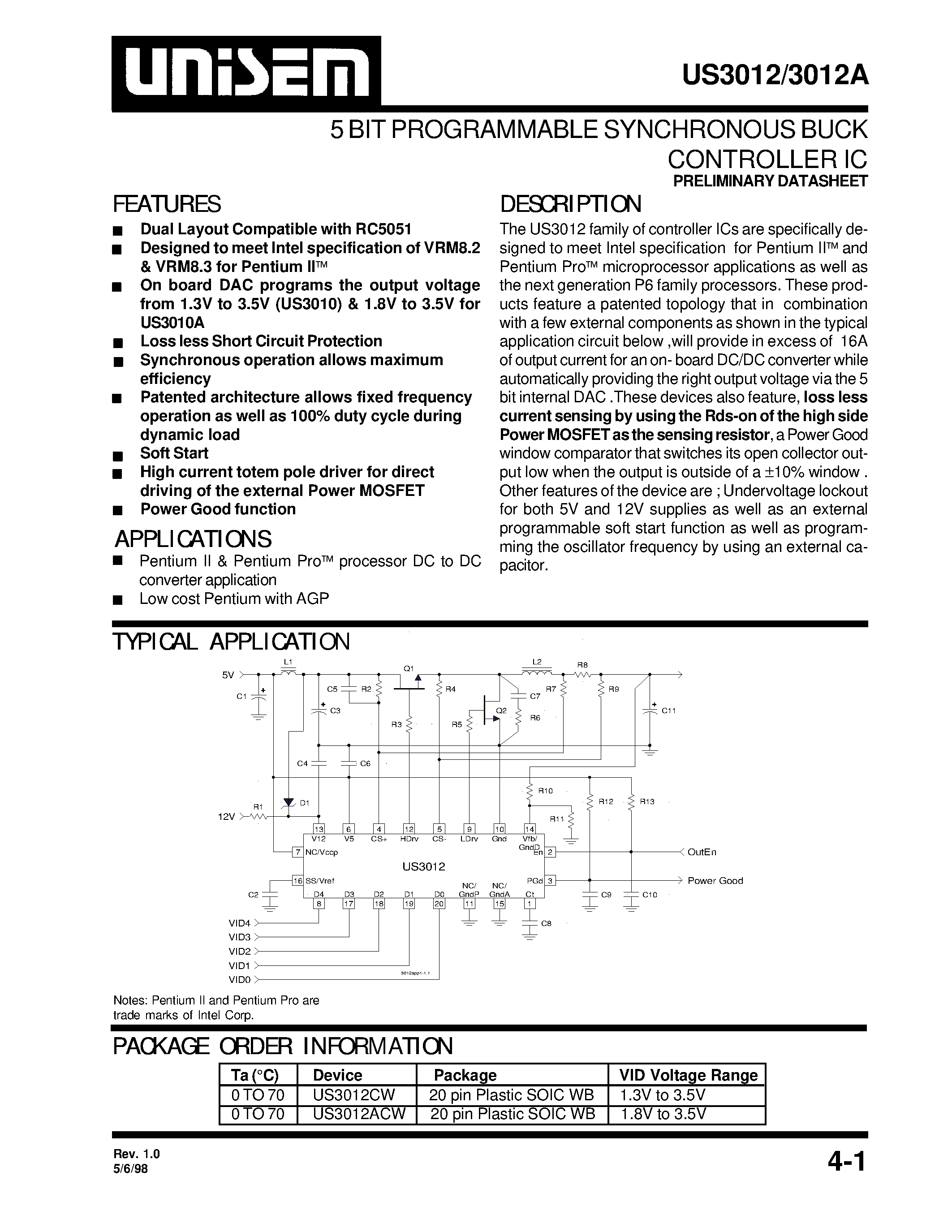 Datasheet US3012CW - 5 BIT PROGRAMMABLE SYNCHRONOUS BUCK CONTROLLER IC page 1