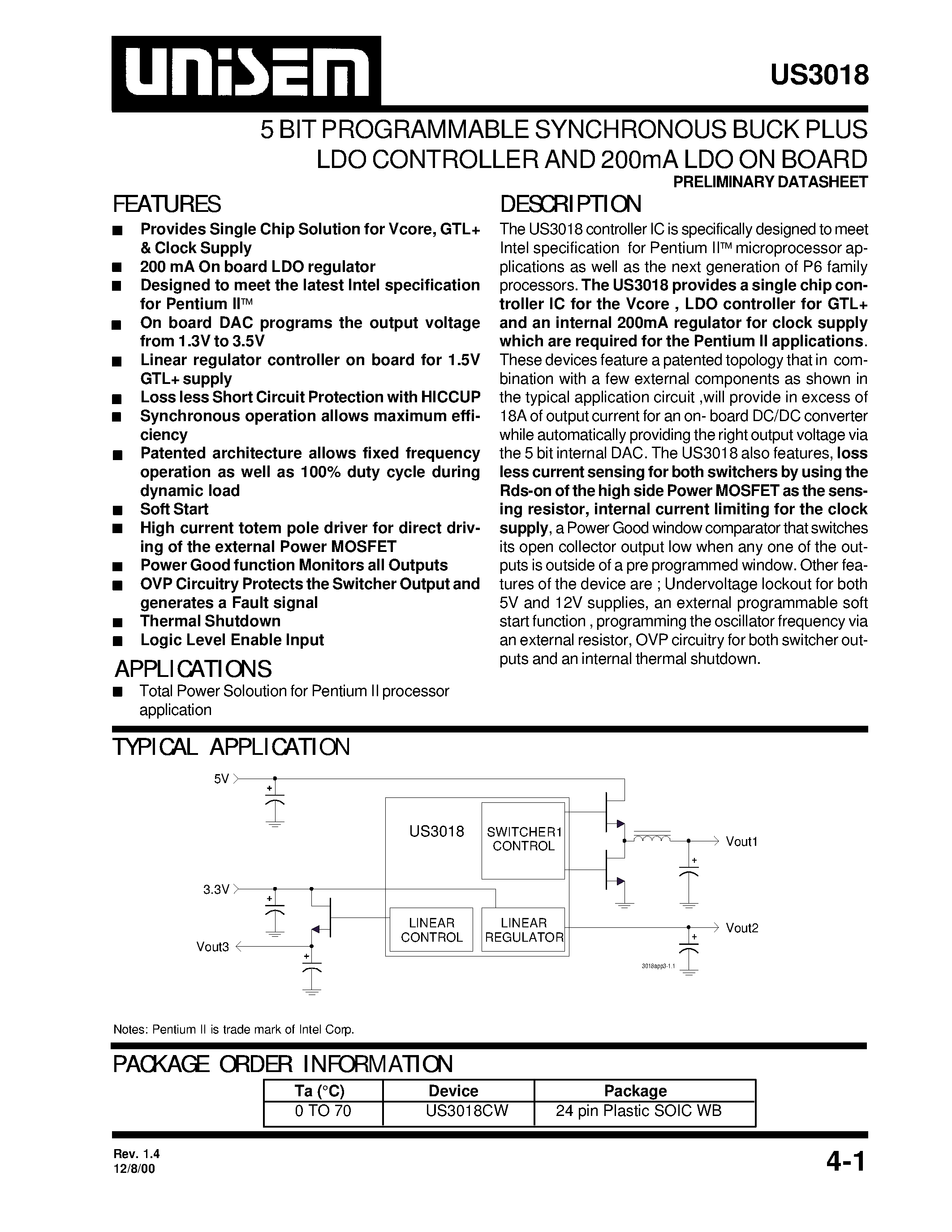 Datasheet US3018CW - 5 BIT PROGRAMMABLE SYNCHRONOUS BUCK PLUS LDO CONTROLLER AND 200mA LDO ON BOARD page 1