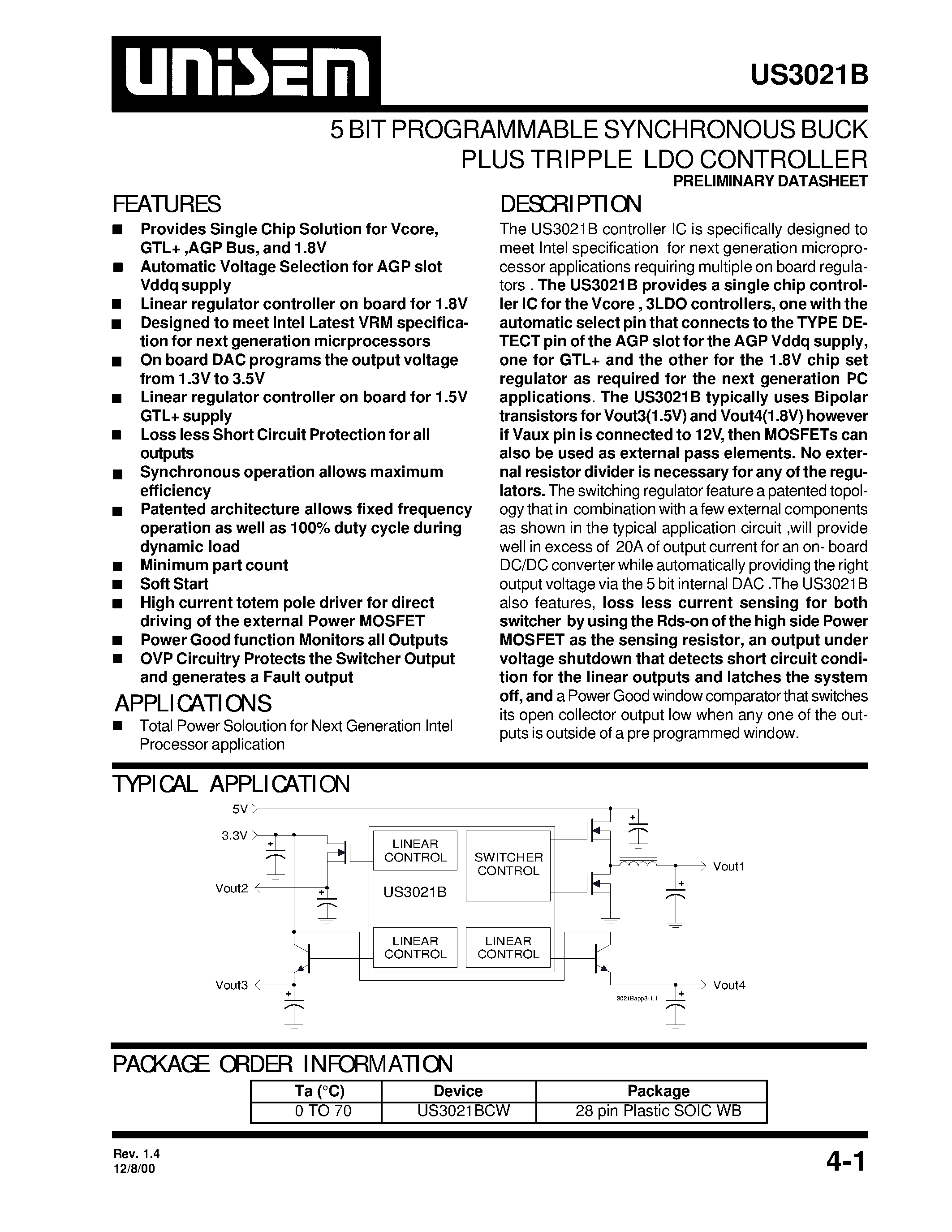 Datasheet US3021B - 5 BIT PROGRAMMABLE SYNCHRONOUS BUCK PLUS TRIPPLE LDO CONTROLLER page 1