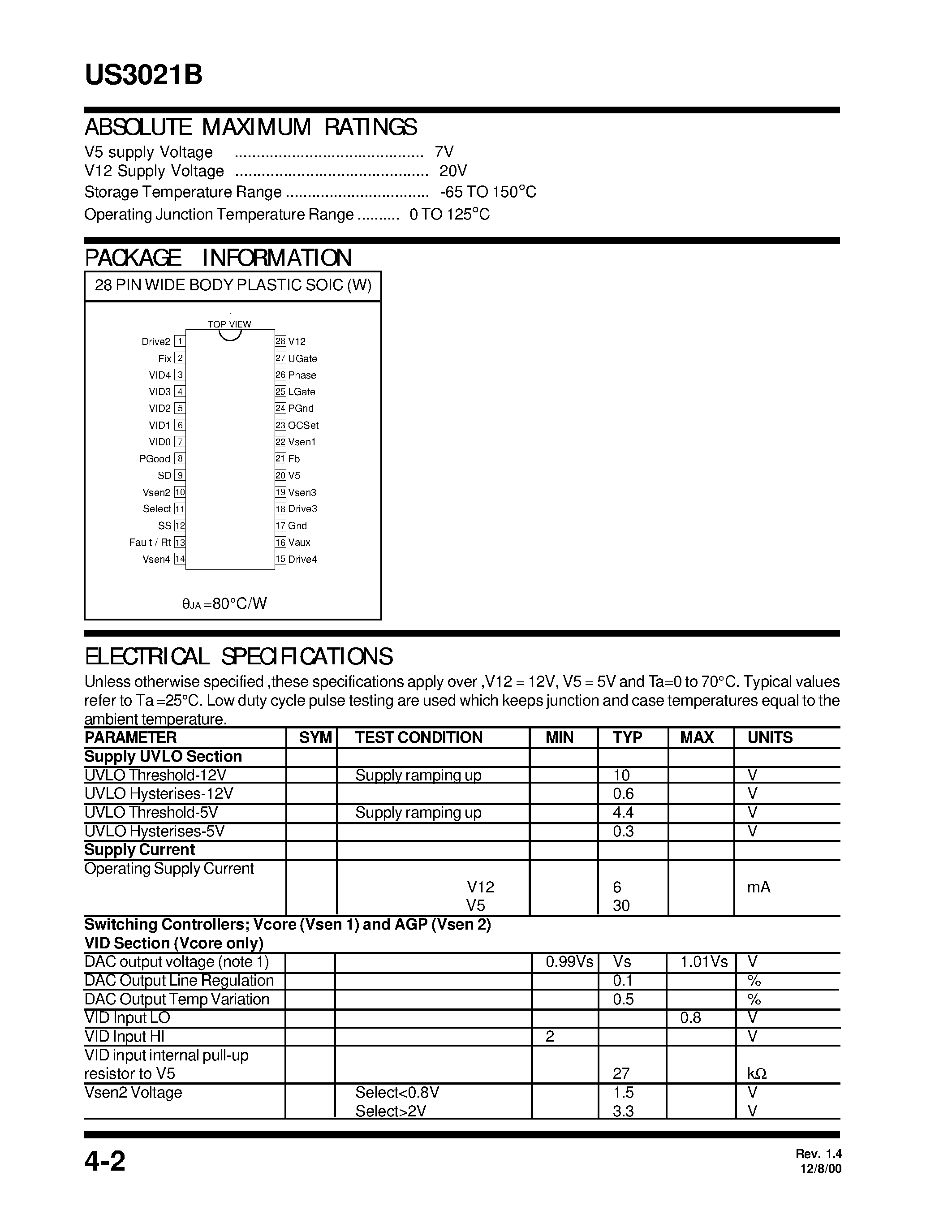 Datasheet US3021B - 5 BIT PROGRAMMABLE SYNCHRONOUS BUCK PLUS TRIPPLE LDO CONTROLLER page 2
