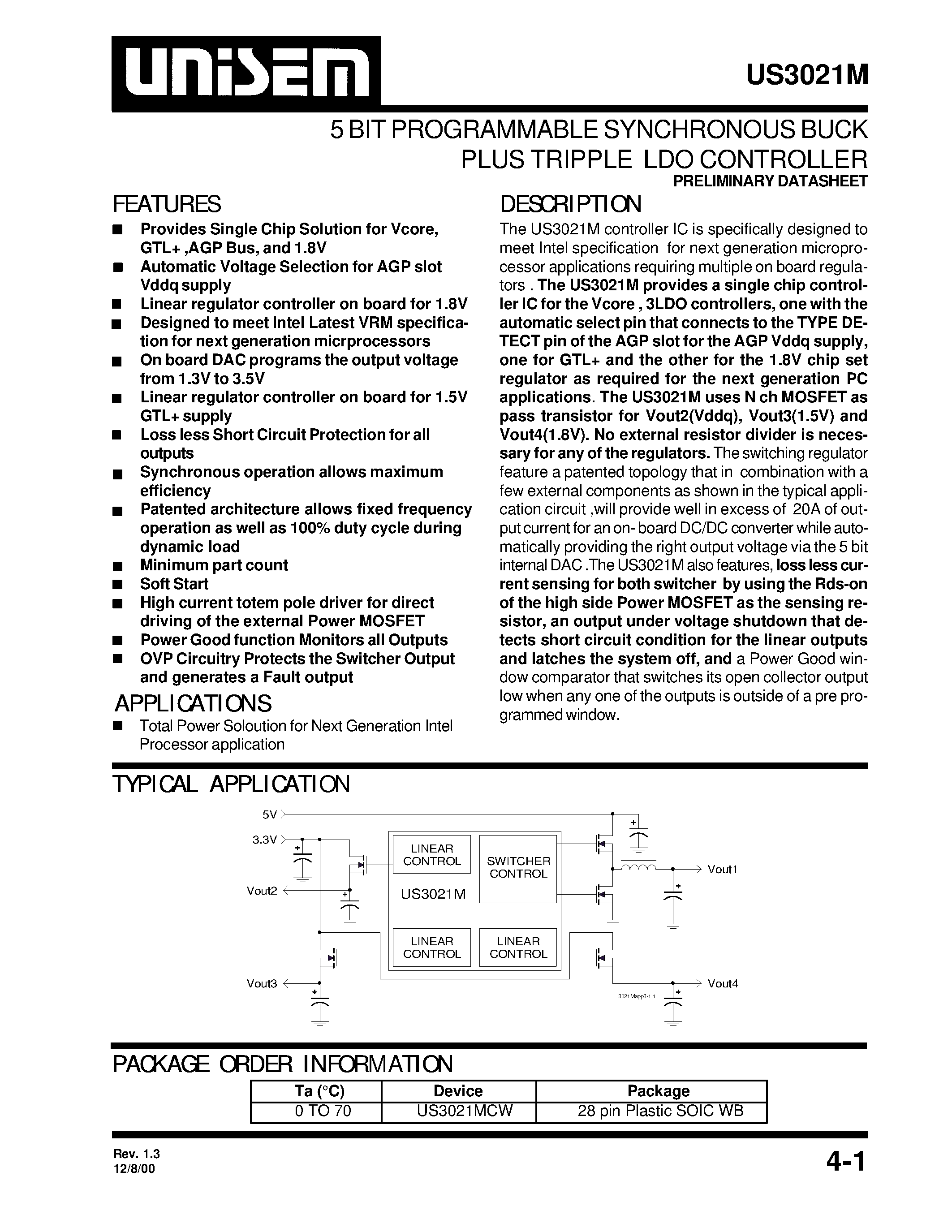 Datasheet US3021MCW - 5 BIT PROGRAMMABLE SYNCHRONOUS BUCK PLUS TRIPPLE LDO CONTROLLER page 1