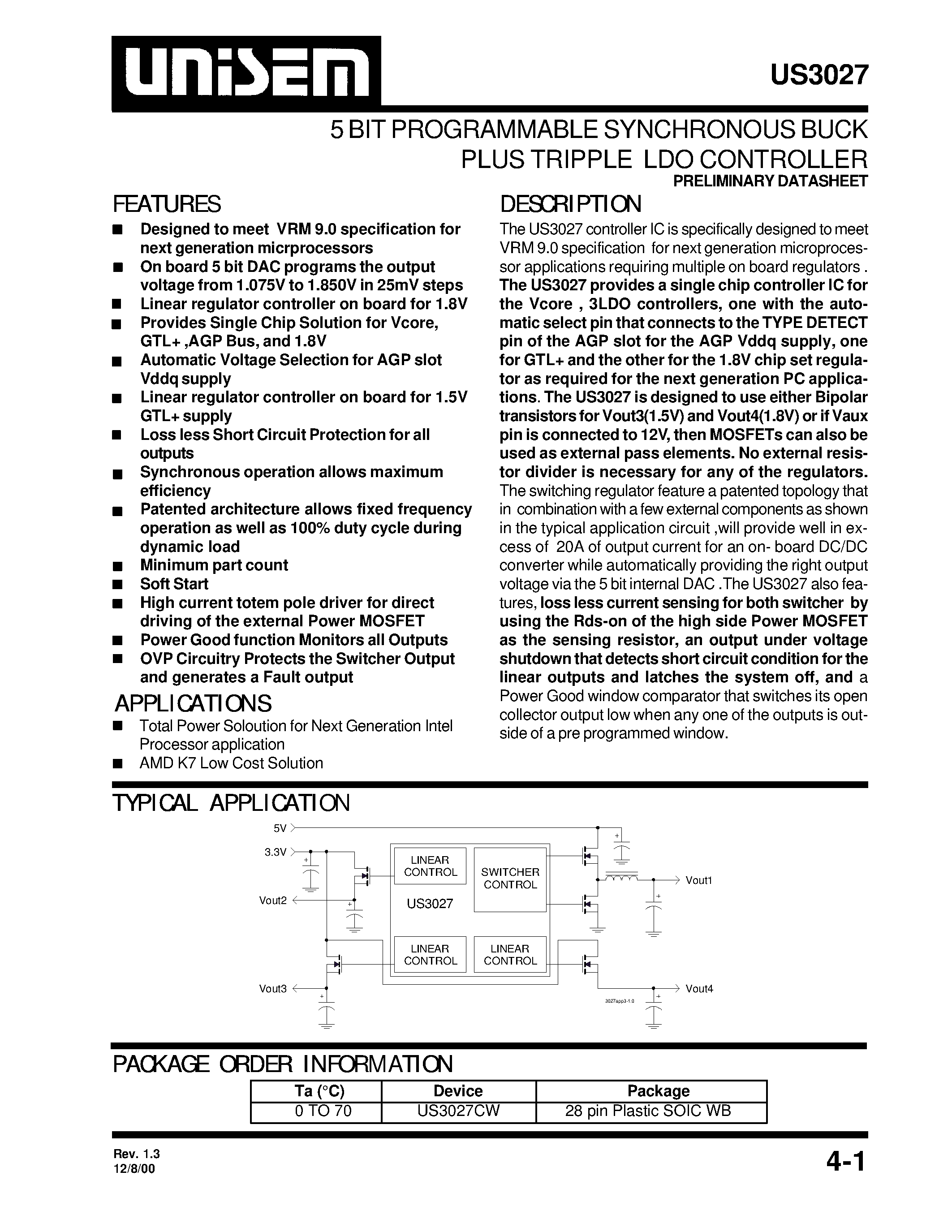 Datasheet US3027 - 5 BIT PROGRAMMABLE SYNCHRONOUS BUCK PLUS TRIPPLE LDO CONTROLLER page 1