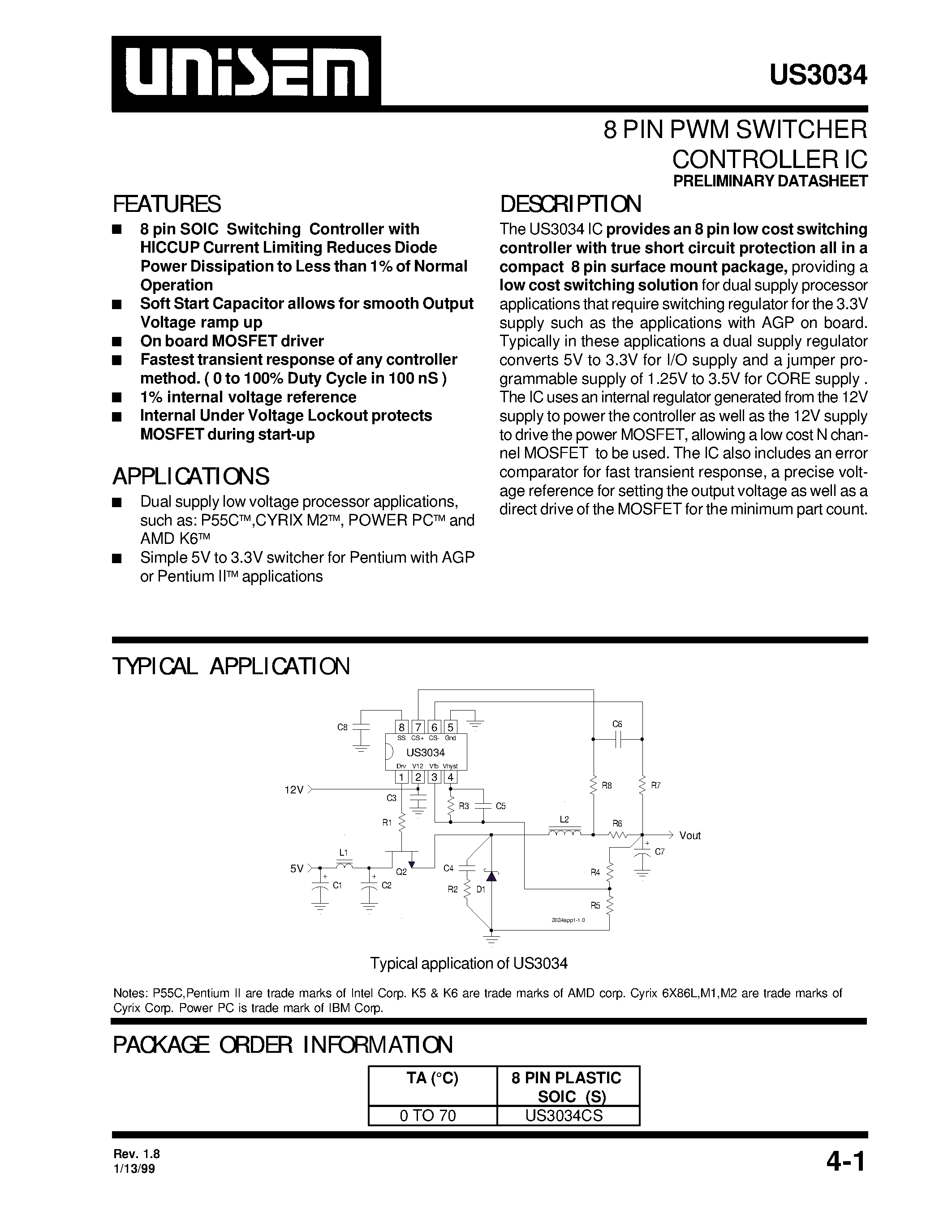 Datasheet US3034CS page 1 Datasheet US3034CS - 8 PIN PWM SWITCHER CONTROLLER IC page 1