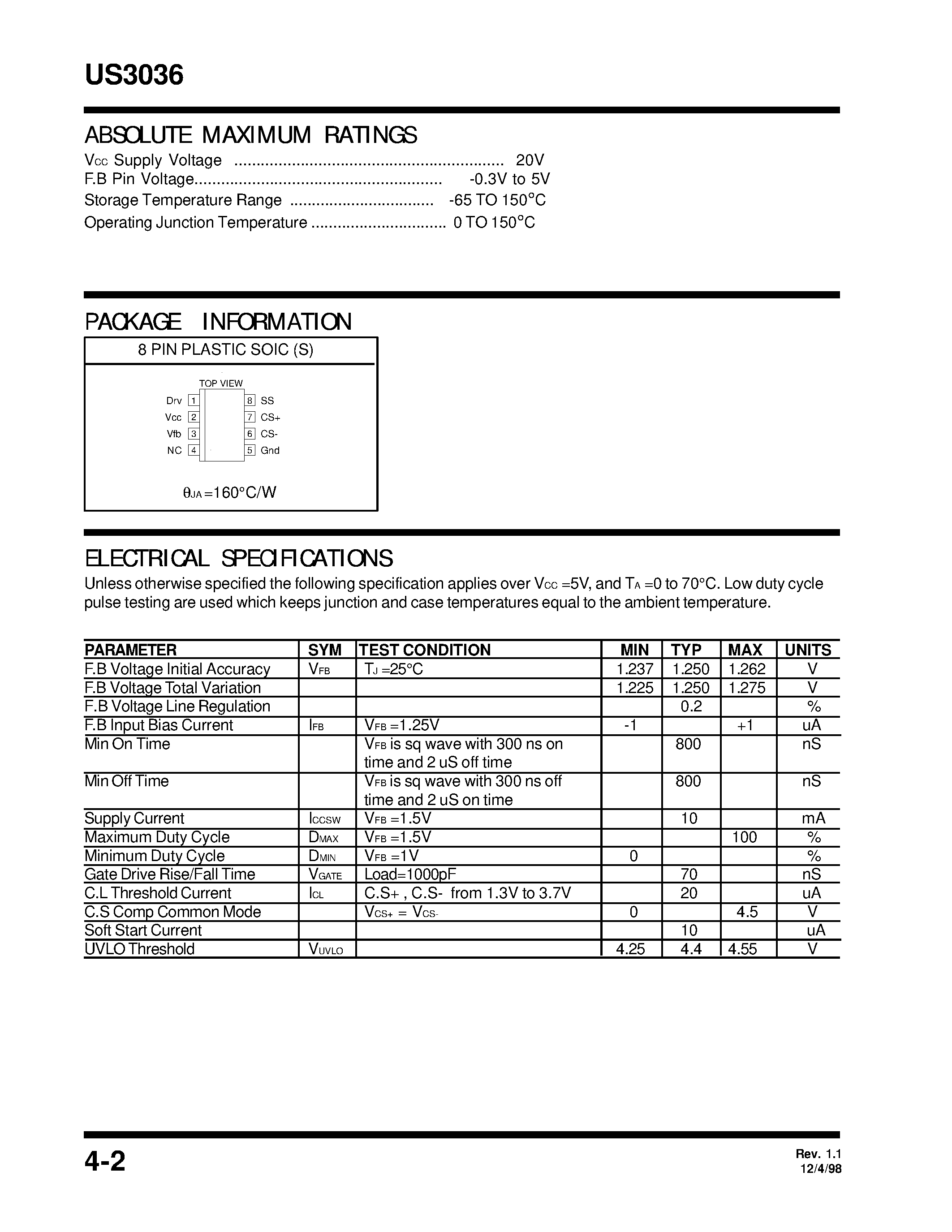 Datasheet US3036CS page 2 Datasheet US3036CS - 8 PIN PWM SWITCHER CONTROLLER IC page 2