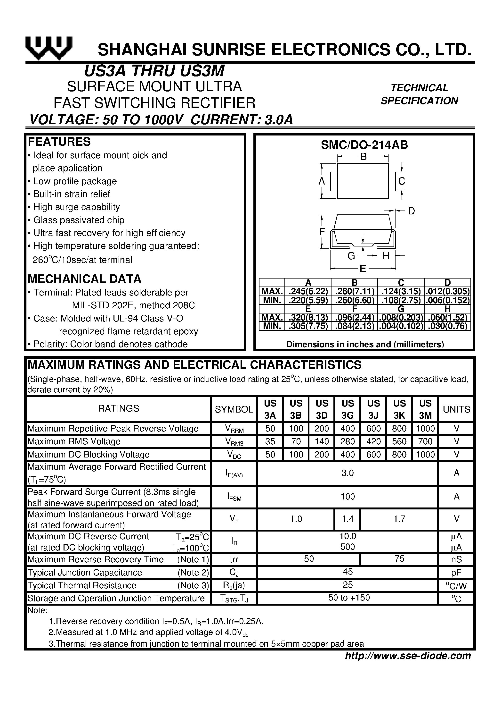 Datasheet US3A - SURFACE MOUNT ULTRA FAST SWITCHING RECTIFIER page 1
