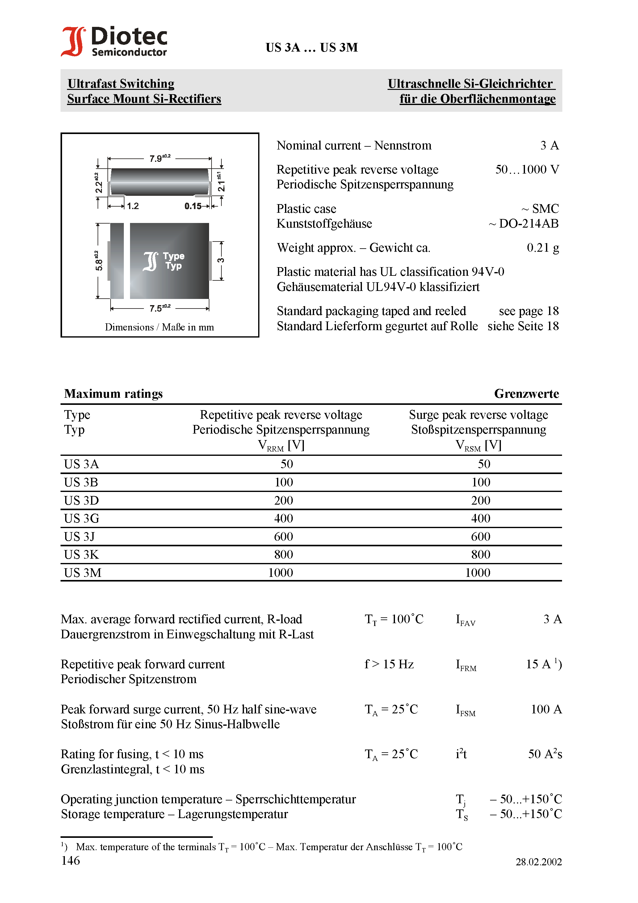 Datasheet US3G page 1 Datasheet US3G - Ultrafast Switching Surface Mount Si-Rectifiers page 1