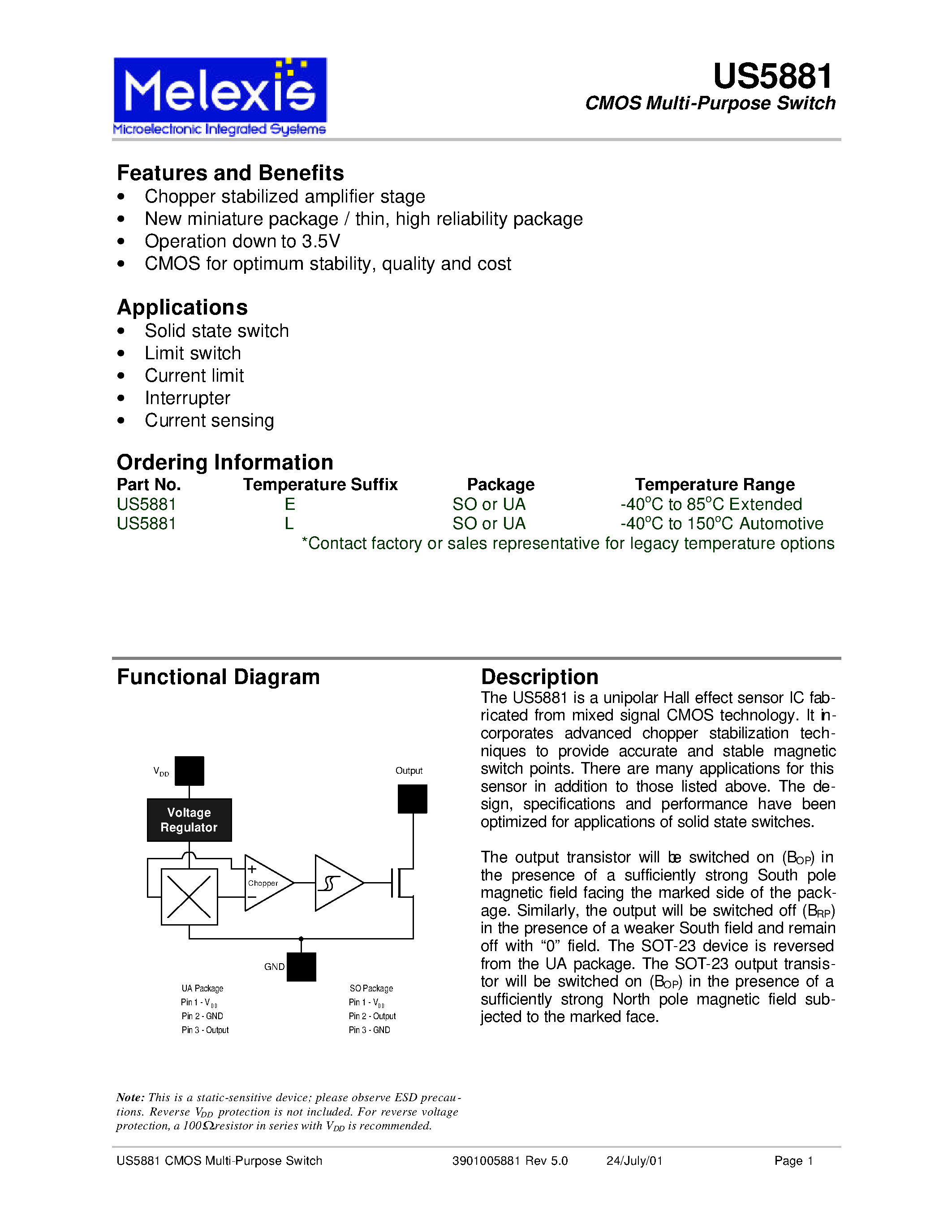 Datasheet US5881 page 1 Datasheet US5881 - CMOS Multi-Purpose Switch page 1