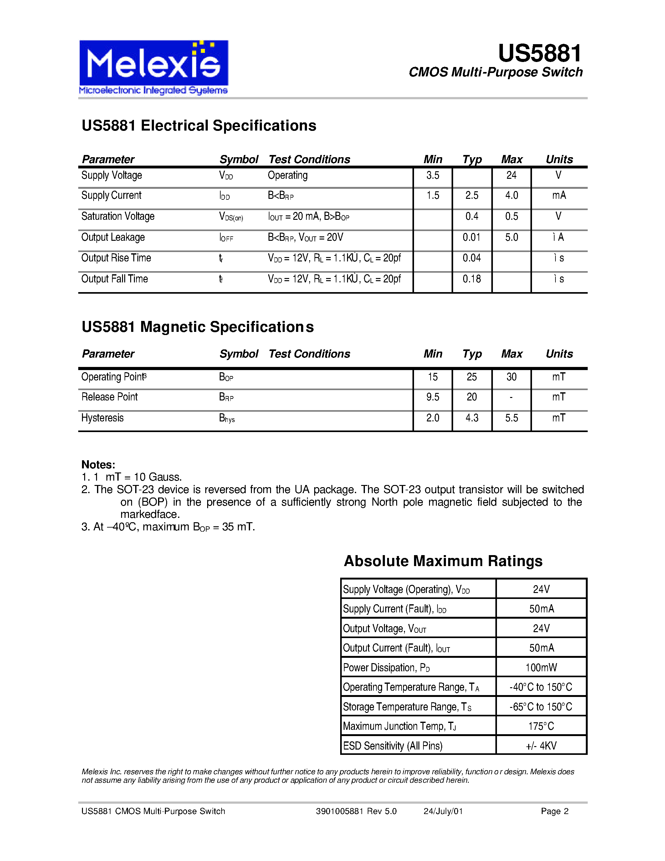 Datasheet US5881 page 2 Datasheet US5881 - CMOS Multi-Purpose Switch page 2