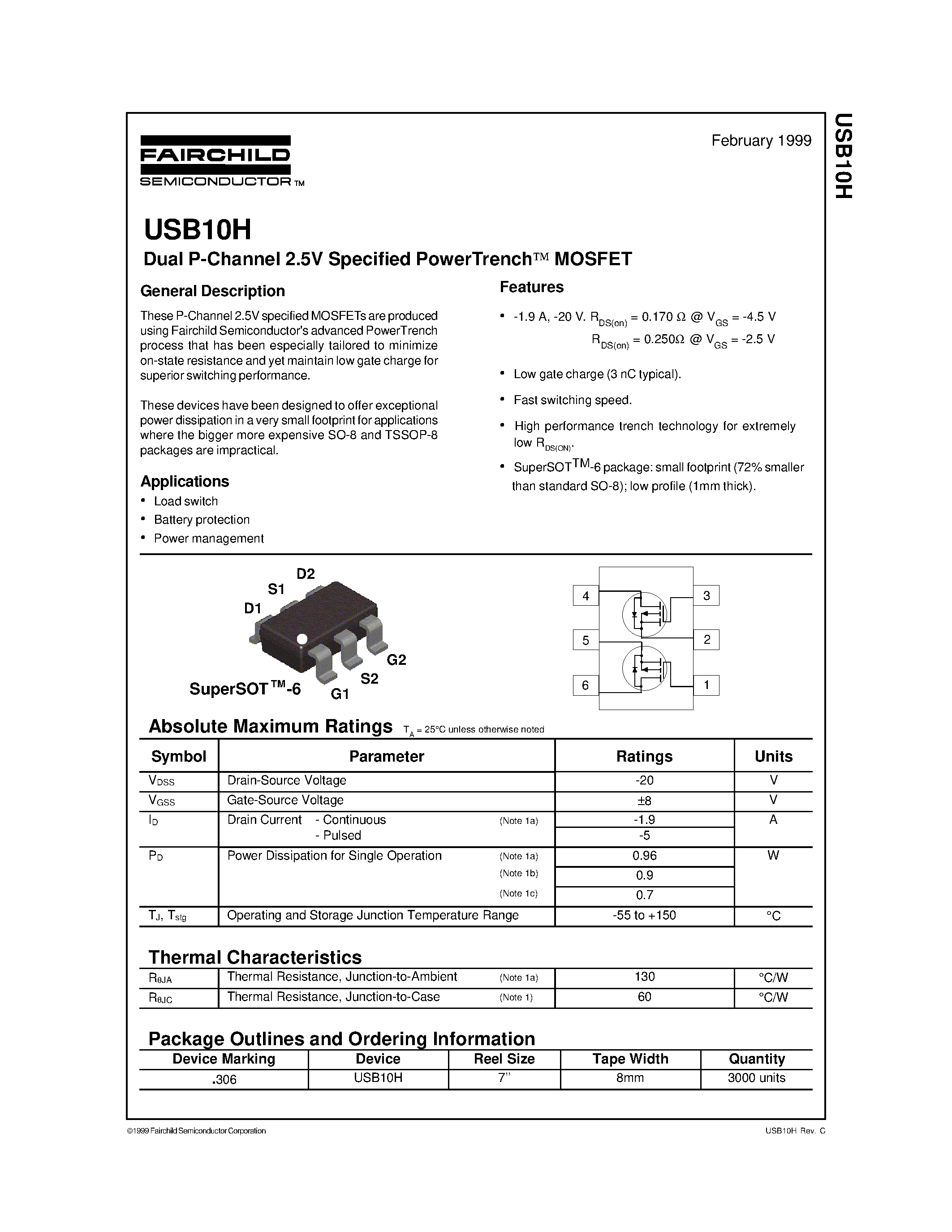 Даташит на микросхему USB10H страница 1 Даташит USB10H - Dual P-Channel 2.5V Specified PowerTrench MOSFET страница 1