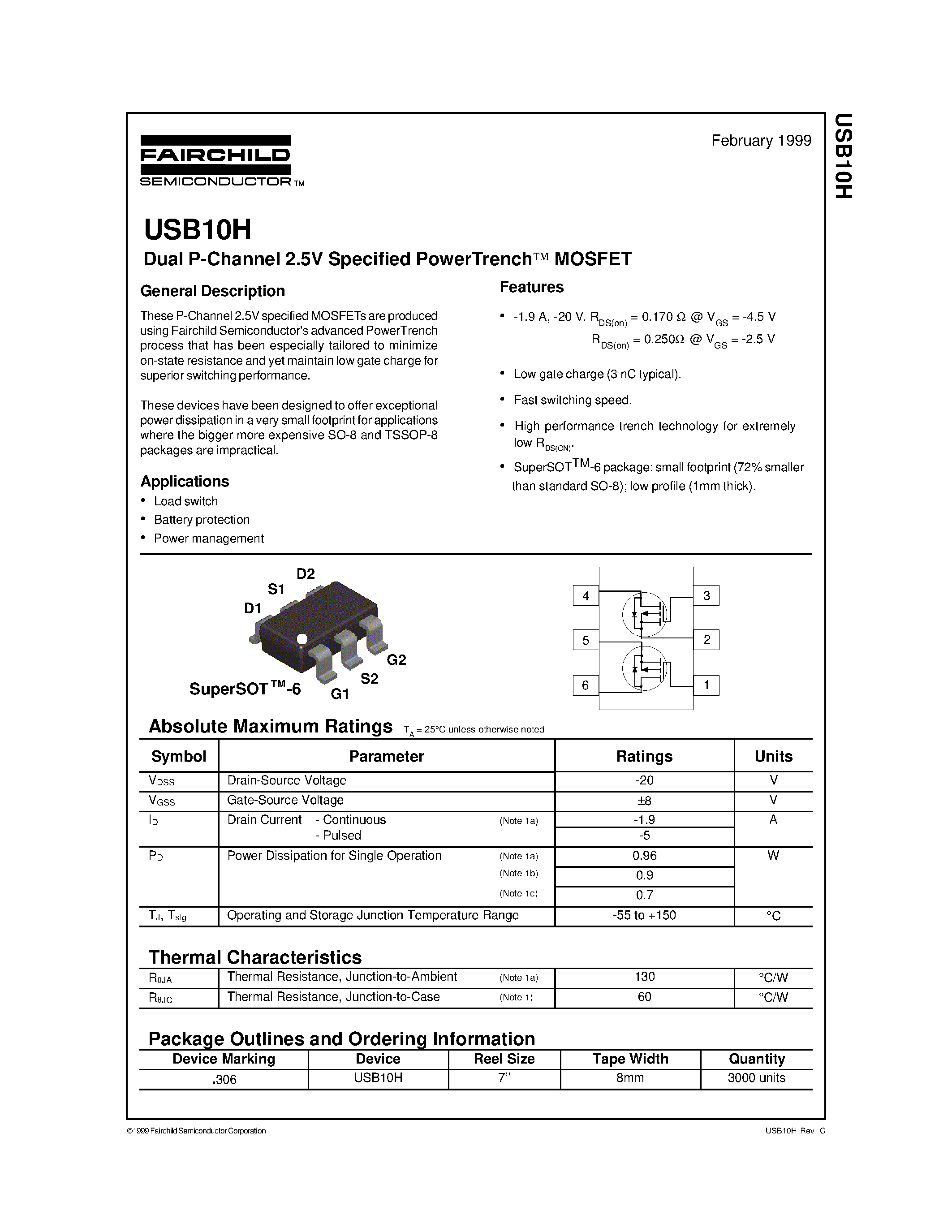 Datasheet USB10H - Dual P-Channel 2.5V Specified PowerTrench MOSFET page 1
