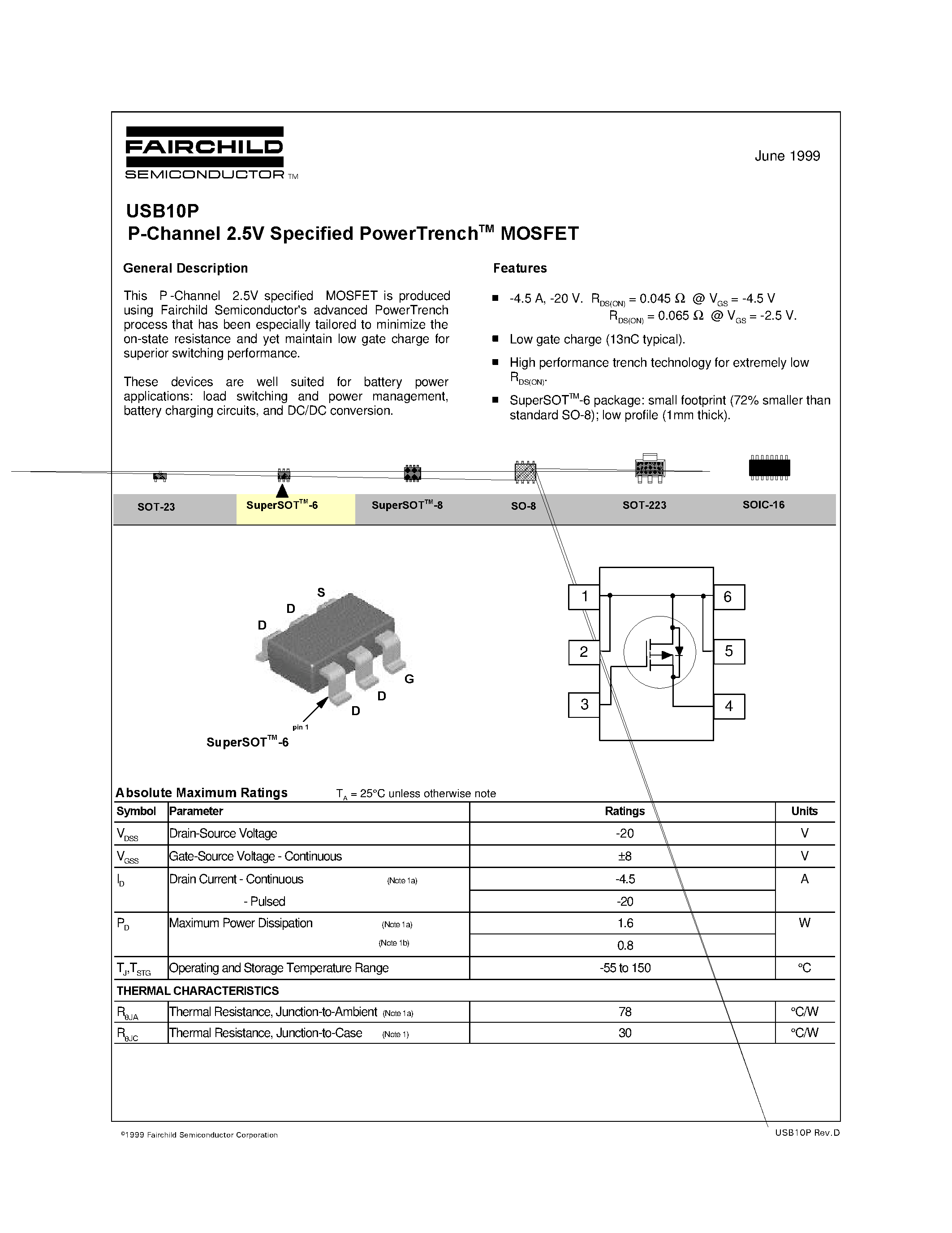 Datasheet USB10P - P-Channel 2.5V Specified PowerTrenchTM MOSFET page 1