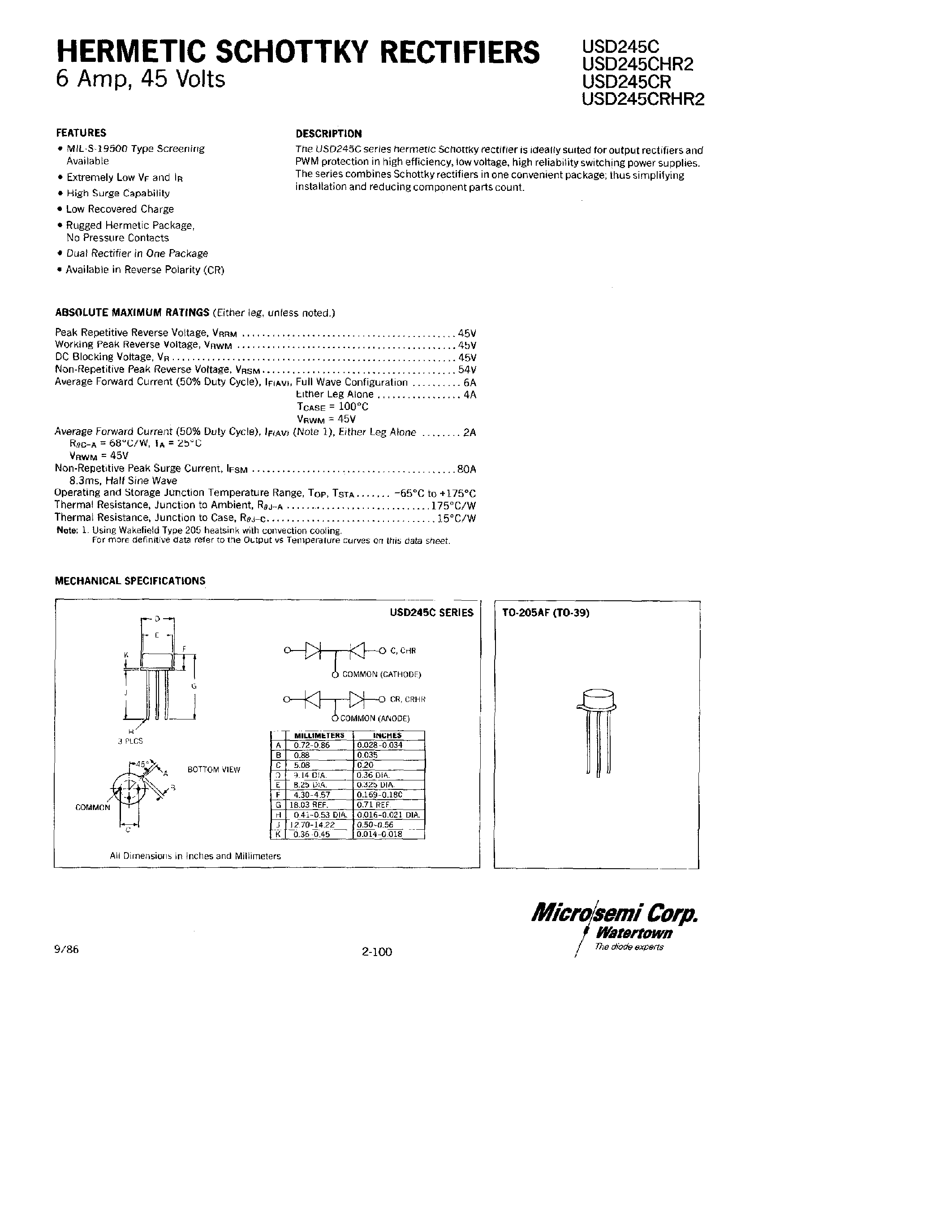 Datasheet USD245C - HERMETIC SCHOTTKY RECTIFIERS page 1