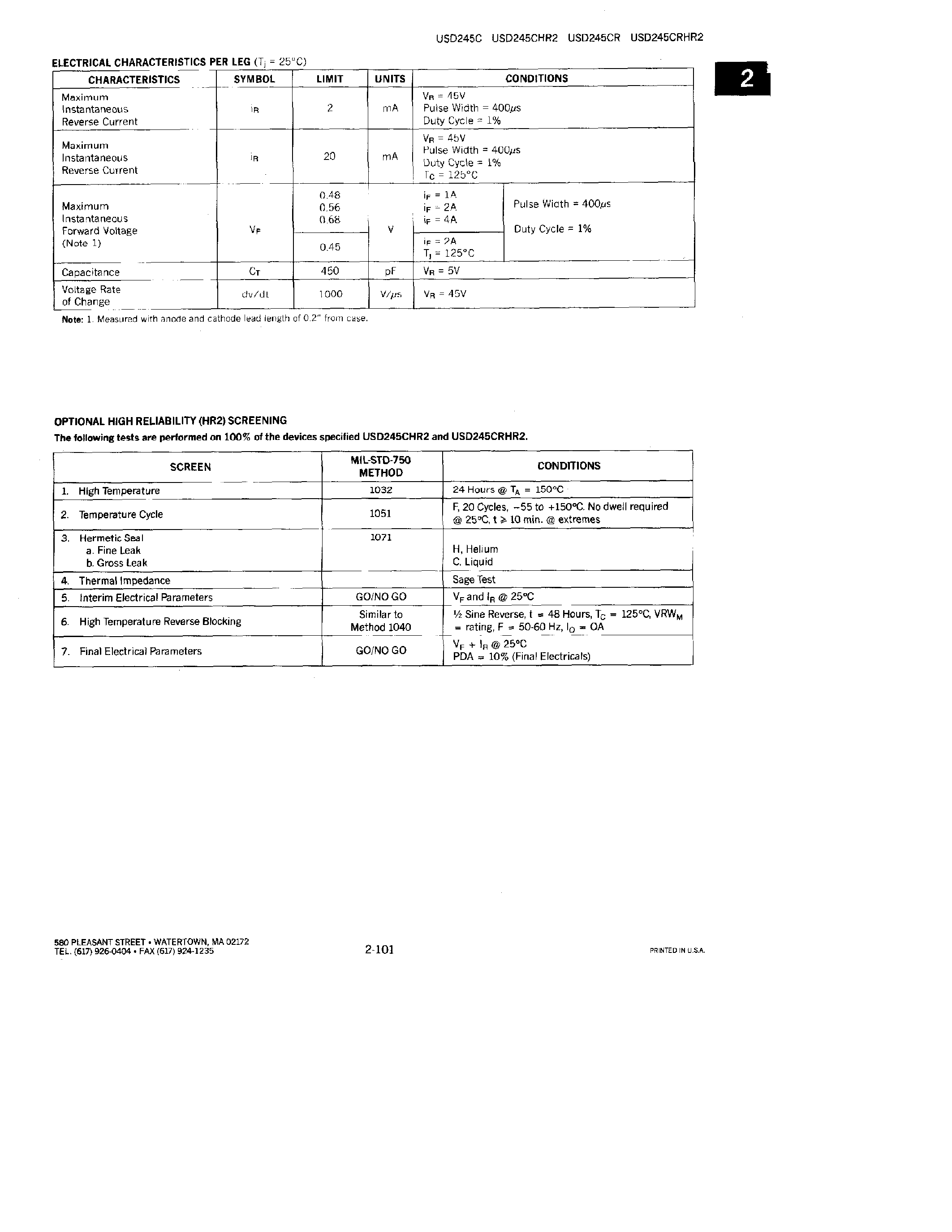 Datasheet USD245CHR2 - HERMETIC SCHOTTKY RECTIFIERS page 2