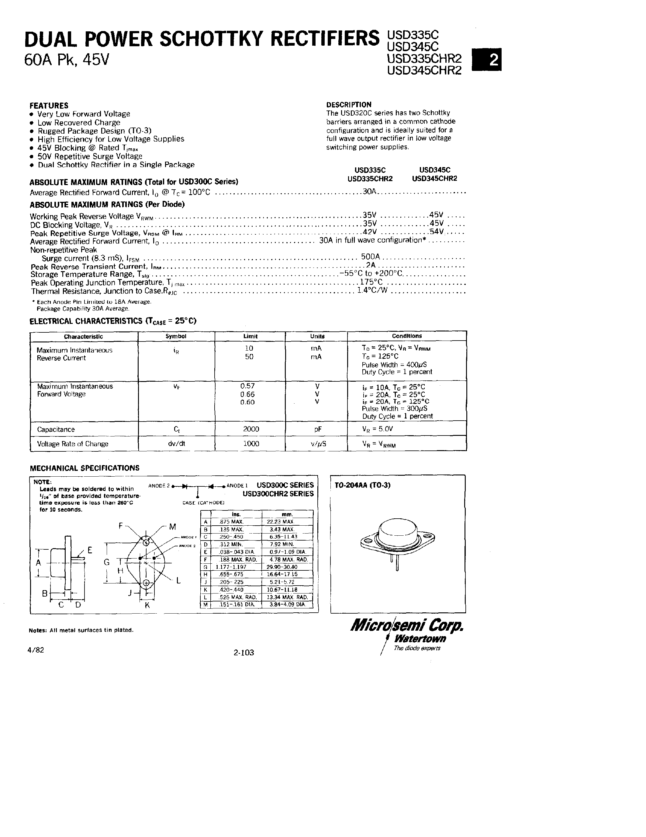 Datasheet USD345C - DUAL POWER SCHOTTKY RECTIFIERS page 1