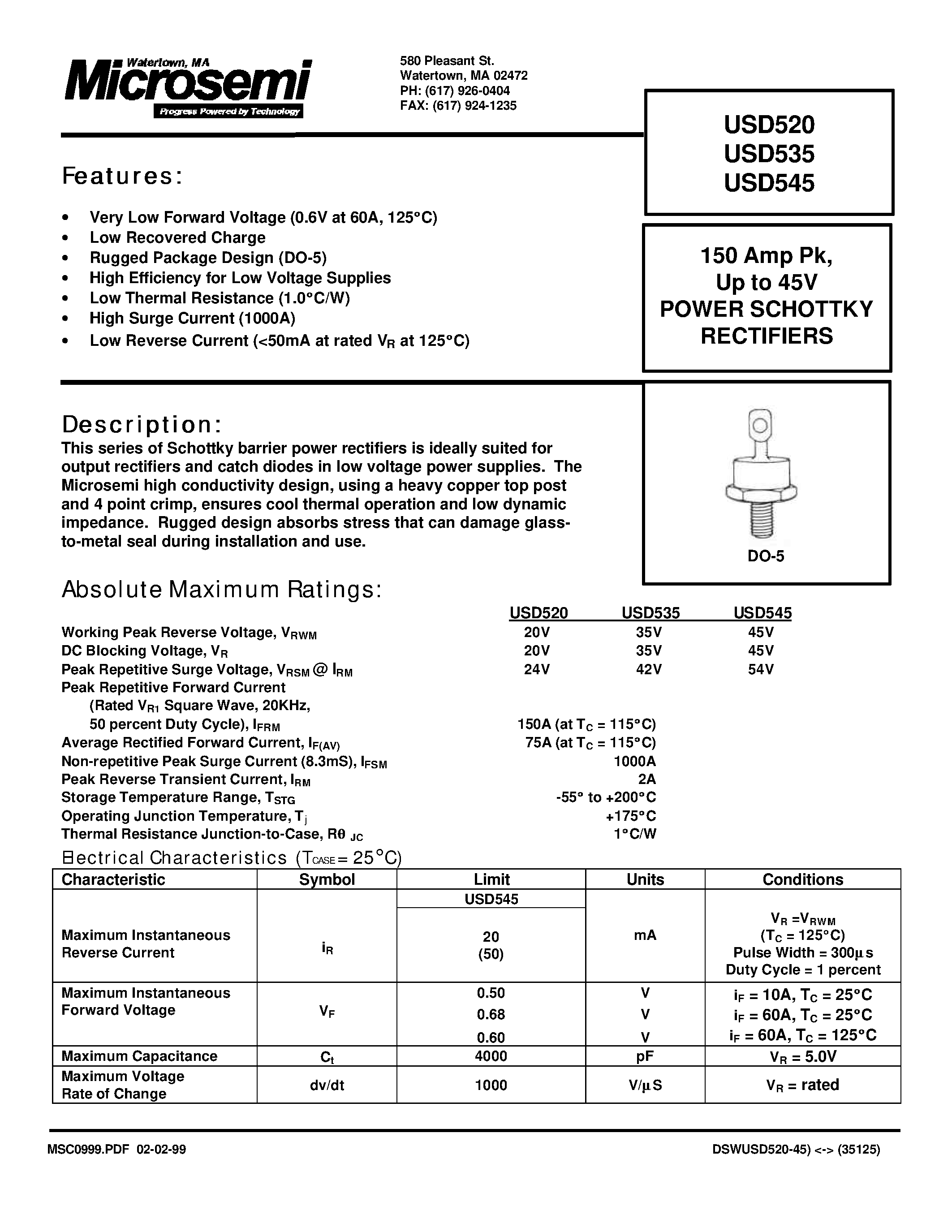 Datasheet USD520 - POWER SCHOTTKY RECTIFIERS page 1
