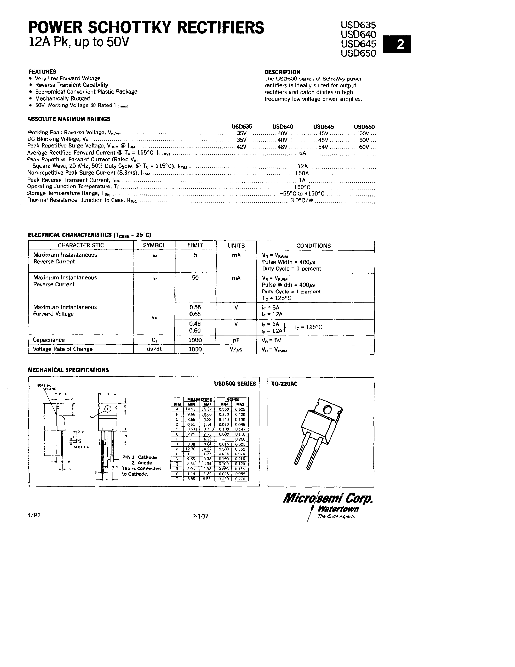 Datasheet USD635 - POWER SCHOTTKY RECTIFIERS page 1
