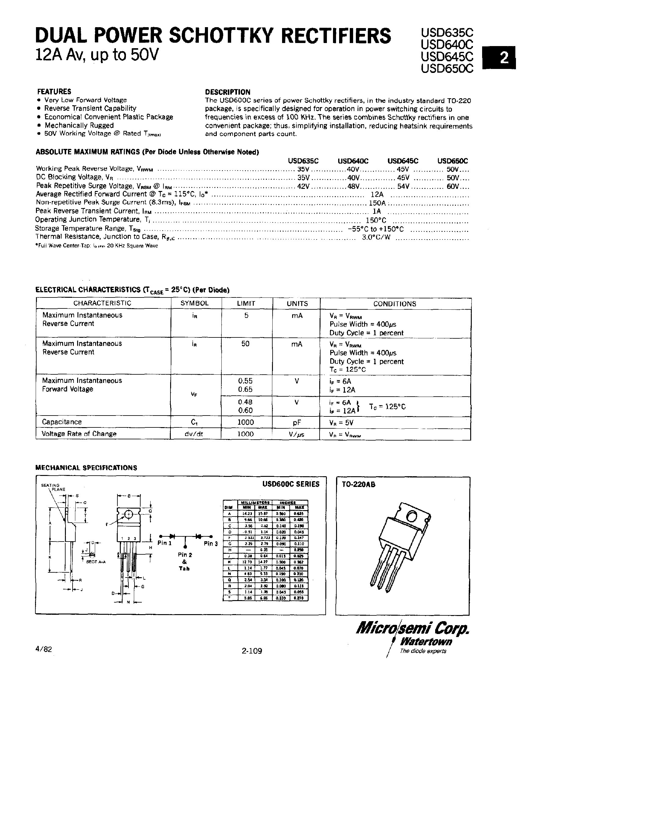 Datasheet USD650C - DUAL POWER SCHOTTKY RECTIFIERS page 1