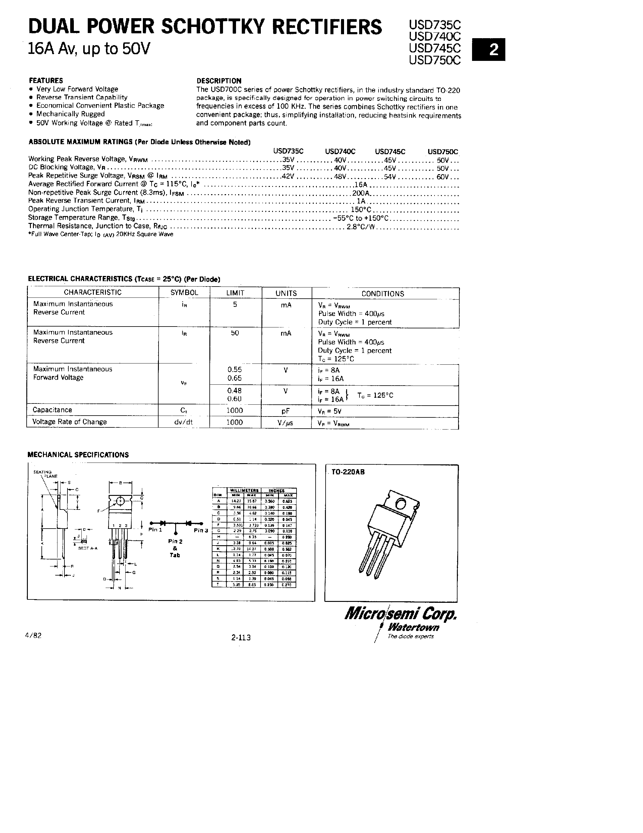 Datasheet USD735C - DUAL POWER SCHOTTKY RECTIFIERS page 1