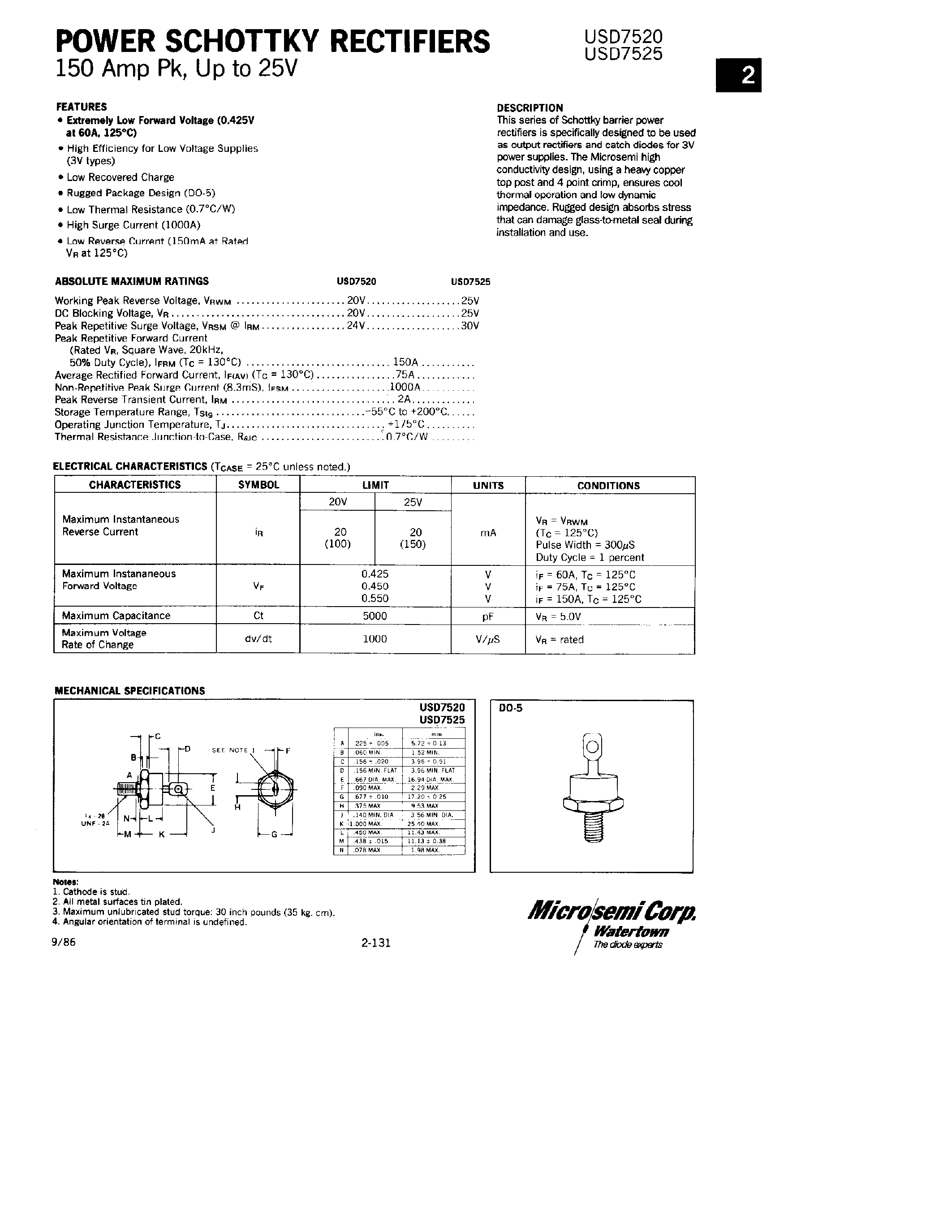 Datasheet USD7520 - POWER SCHOTTKY RECTIFIERS page 1