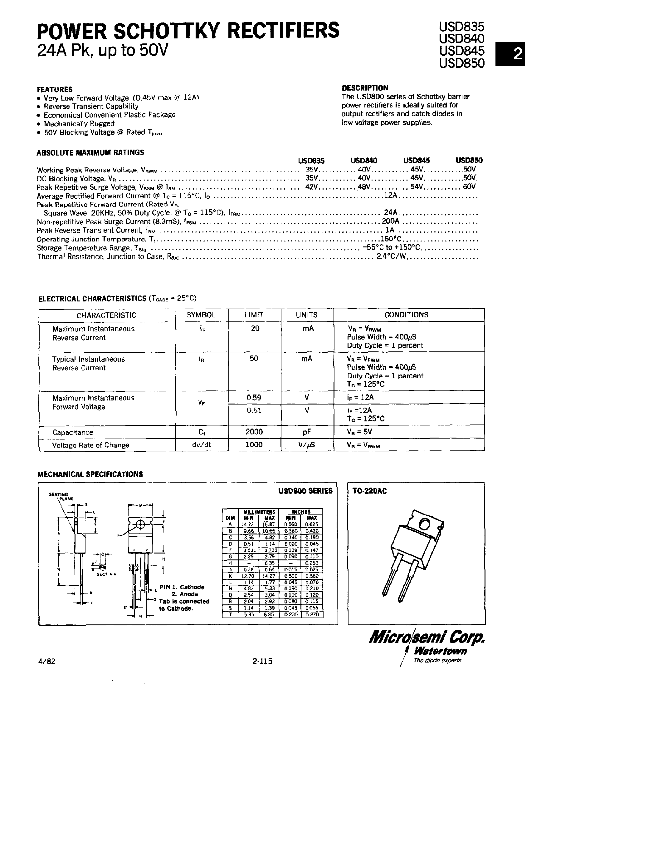 Datasheet USD835 - POWER SCHOTTKY RECTIFIERS page 1