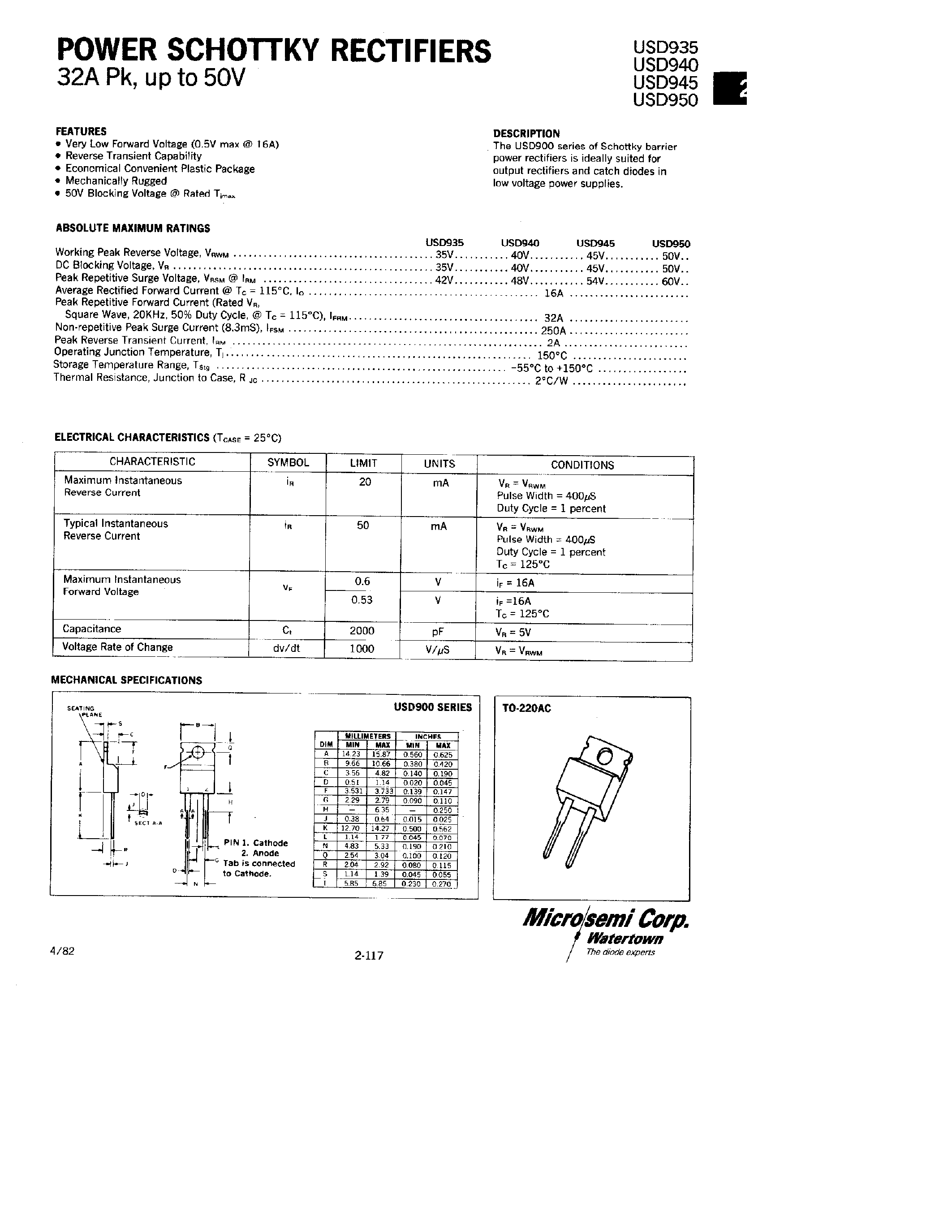 Datasheet USD945 - POWER SCHOTTKY RECTIFIERS page 1