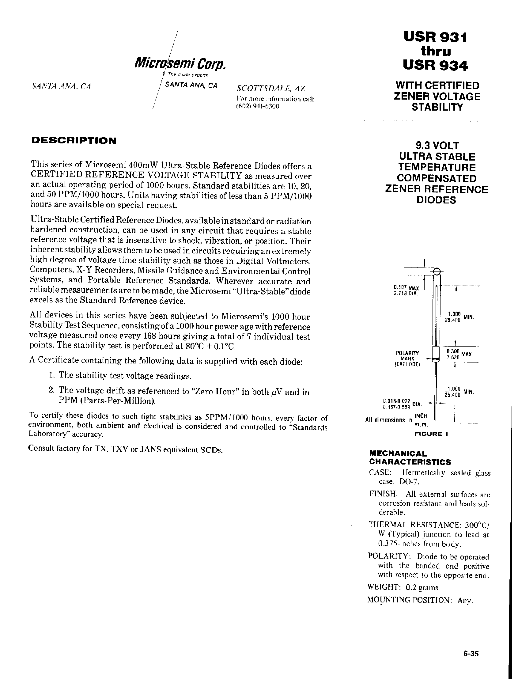 Даташит USR934 - 9.3 VOLT ULTRA STABLE TEMPERATURE COMPENSATED ZENER REFERENCE DIODES страница 1